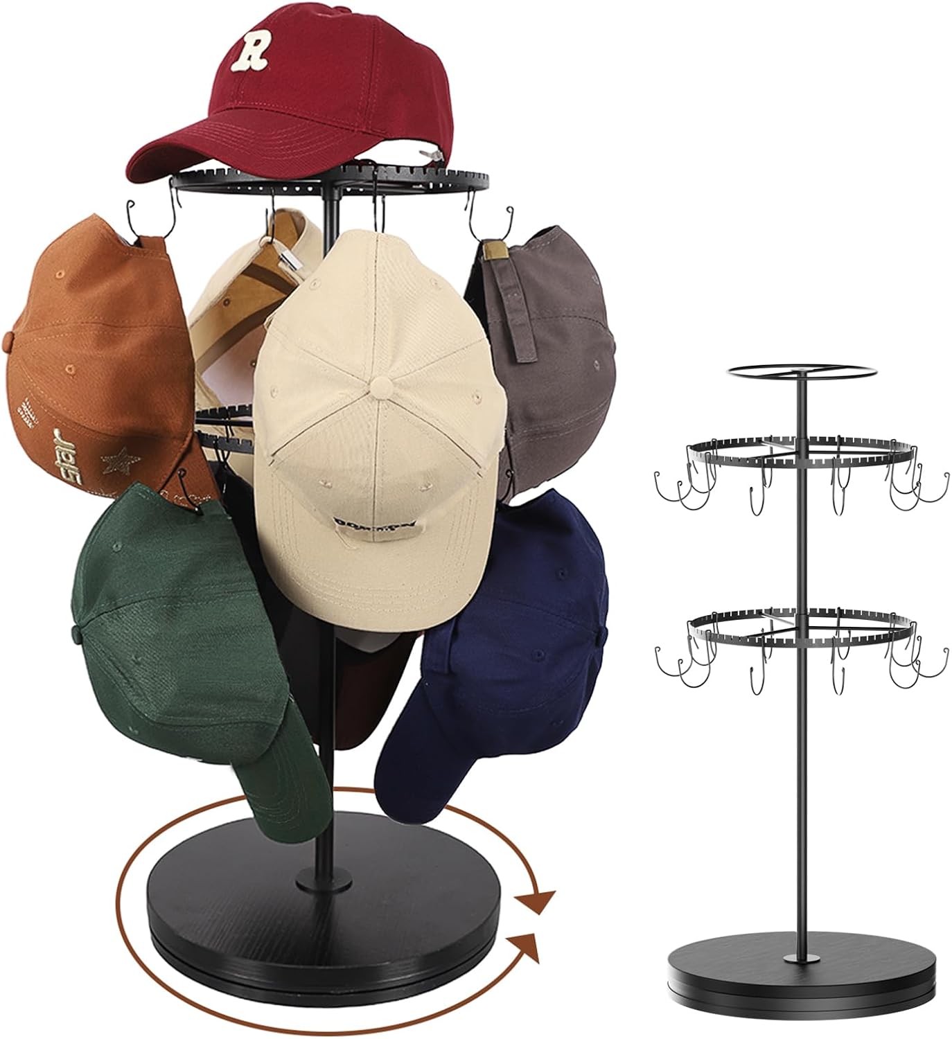 Keebofly Rotating Free Standing Hat Rack & Organizer Stand, 3-Tier Merchandise Display & Tabletop Baseball Cap Organizer Holds 40+ Caps, Portable for Vendor & Home Use in Bedroom, Closet, Entryway