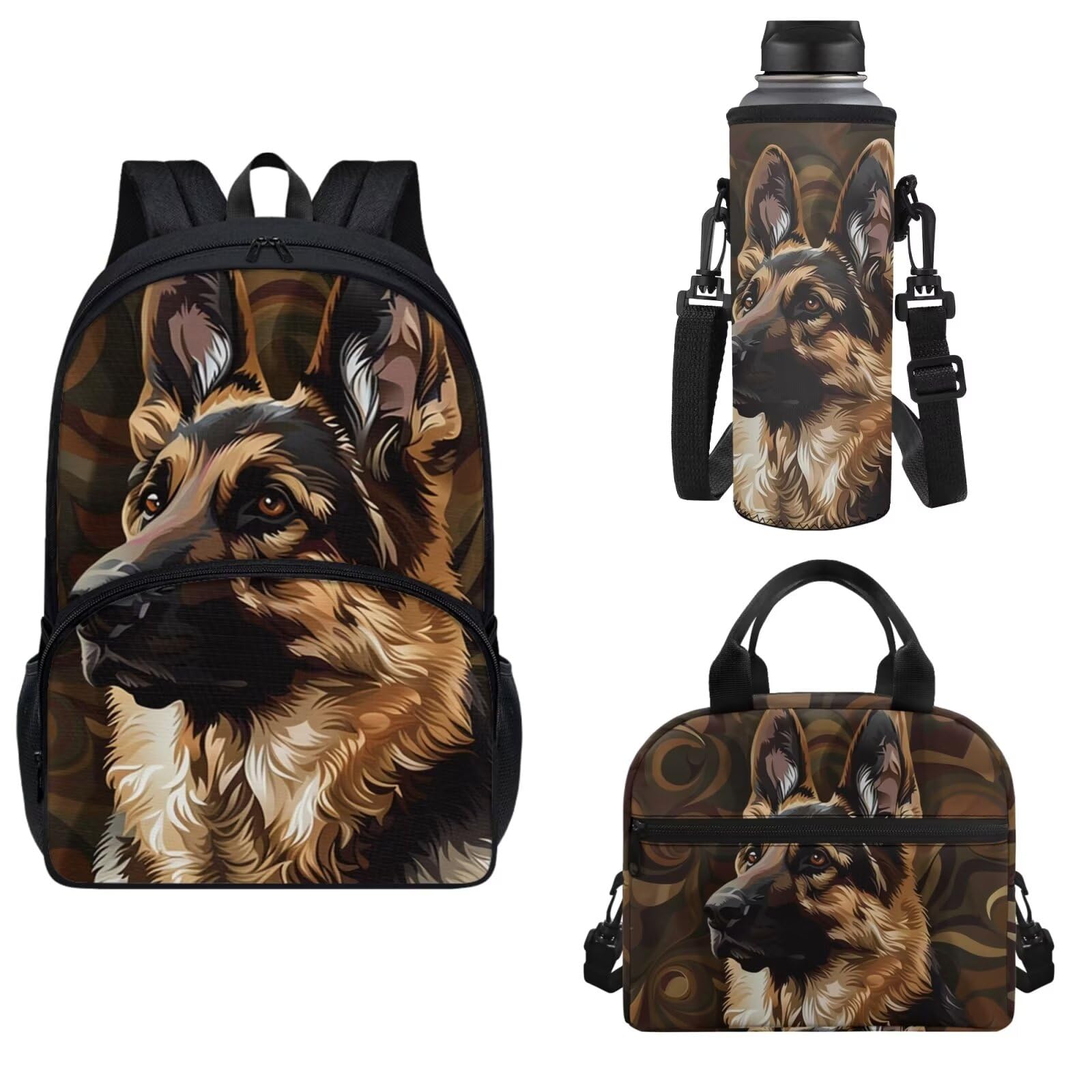 Horeset German Shepherd Print Backpack for Boys Girls School Bag with Lunch Box+Water Bottle Bag(3 in 1), Casual Rucksack Elementary School Bookbag
