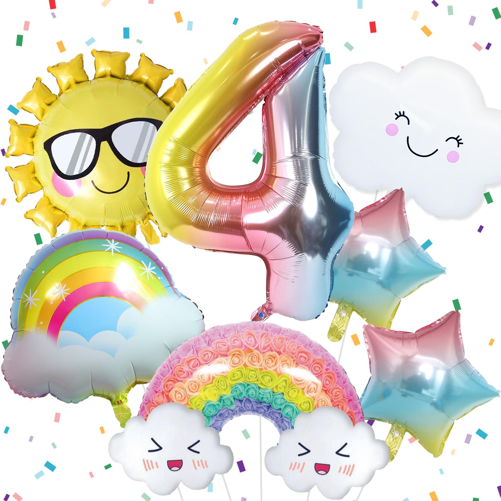 Dekoracje na 4. urodziny dla dziewczynki, zestaw tęczowych balonów urodzinowych ze słońcem, tęczowymi gradientowymi gwiazdami i 102 cm, balon foliowy z cyfrą 4, na tęczowy motyw dziewcząt, artykuły