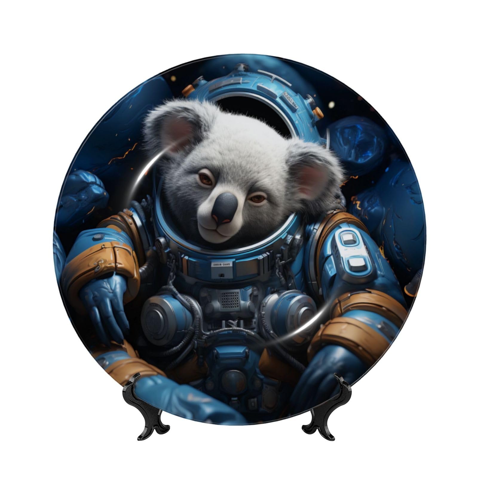 SXZVVBN astronaut koala Bone China Decorative Plate Art with Stand Removable Adhesive Hanging for Home Office 7in