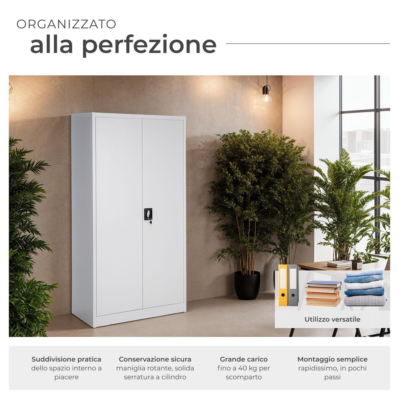 tectake® Armadio Portadocumenti, 6 Scomparti, Asta Appendiabiti, Armadio Multiuso in Acciaio Verniciato, Mobile con Ante Rinforzate, Serratura a Cilindro di Sicurezza, 80 cm - Grigio