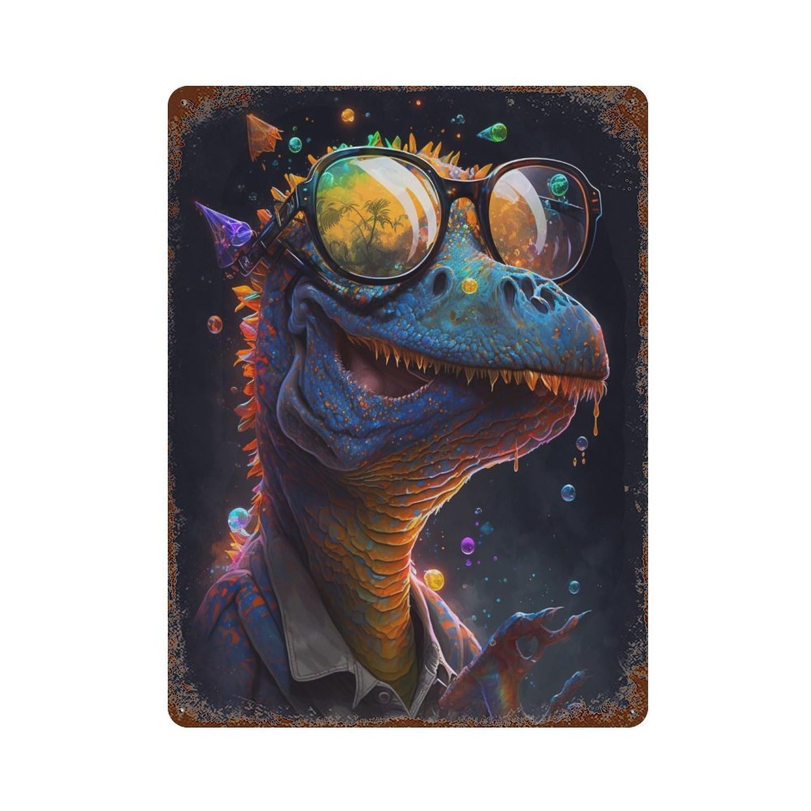 Garage Style Colorful Dinosaur Sunglasses Art Rust Effect Tin Sign 15.7"x11.8", Rustic Home Decor for Bar And Workshop