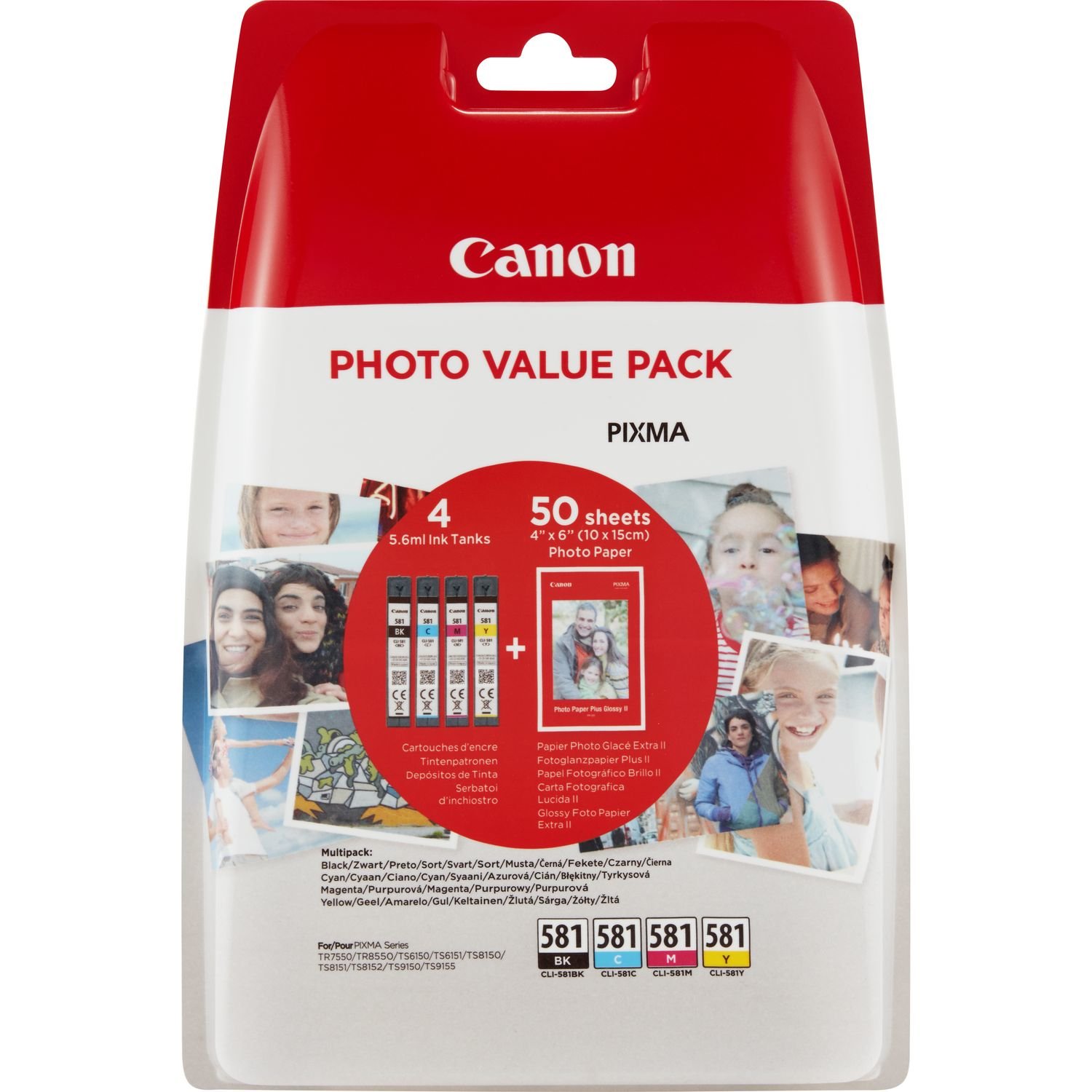 Canon CLI-581 BK/C/M/Y Tinte + Fotopapier - Value Pack jeweils 5,6 ml für PIXMA Tintenstrahldrucker ORGINAL
