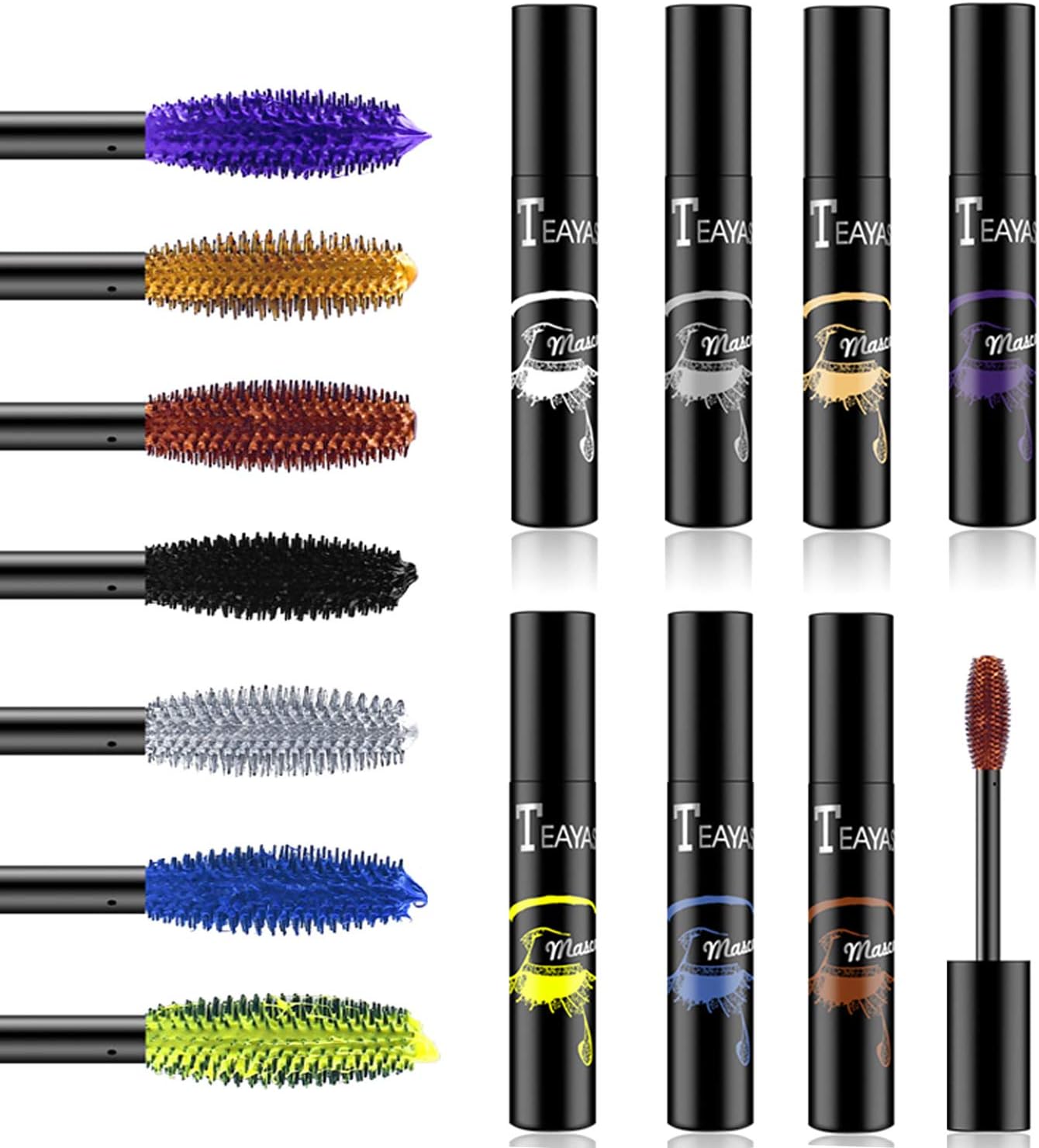 Waterproof Color Mascara, COOSA 7 Colors Cosmetics Professional Mascara Eyeliner Charming Longlasting Mascara Set for Eyelash Eye Makeup-7PCS