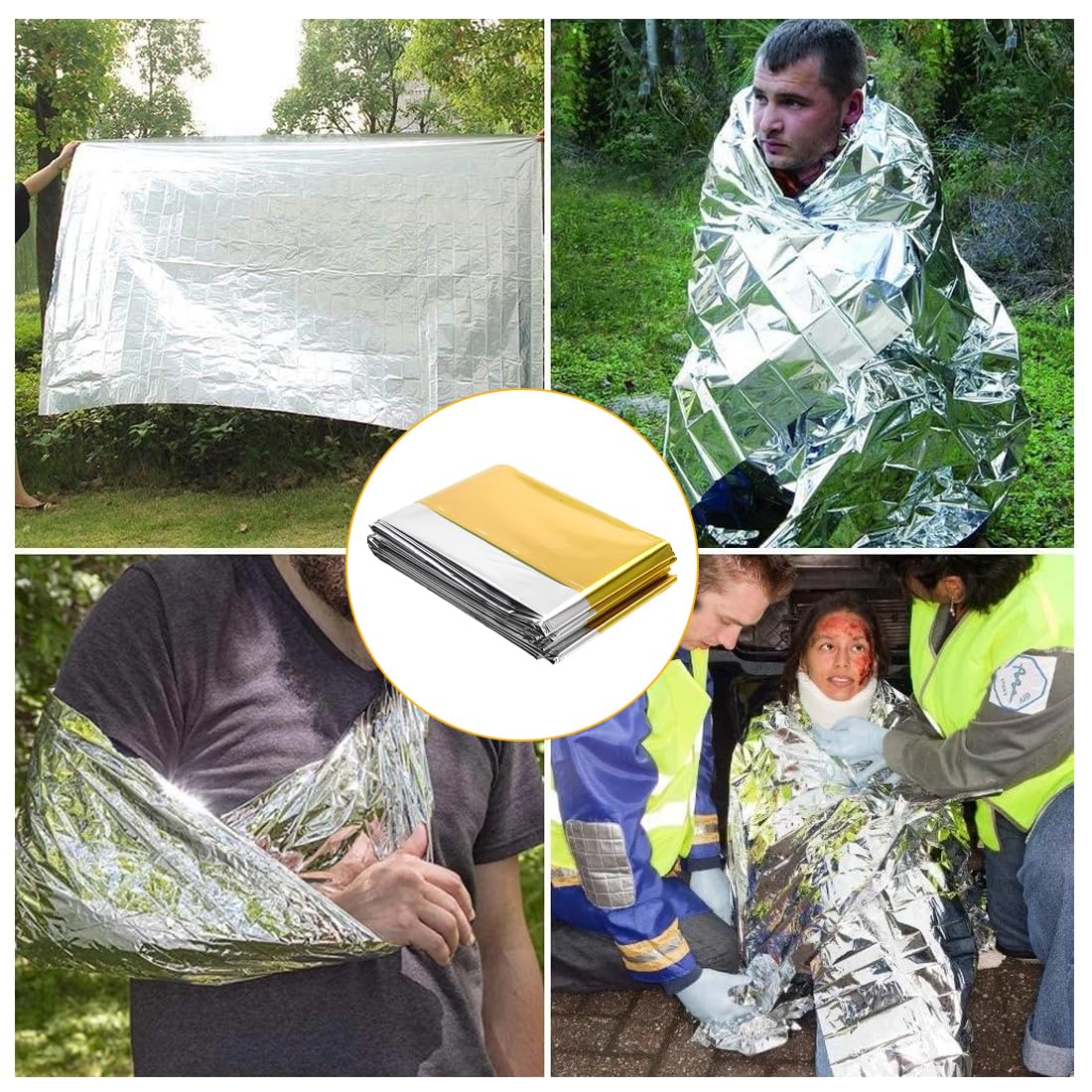 Manta Térmica de Supervivencia Oro y Plata 210 × 160 cm Protección contra Frío Lluvia y Viento