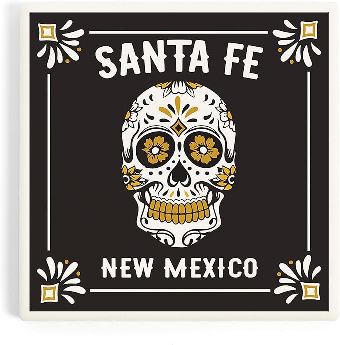 Lantern Press Santa Fe, New Mexico, Day of The Dead, Sugar Skull and Flower Pattern (Absorbent Ceramic Coaster, Single, Cork Back, Kitchen Table Decor)
