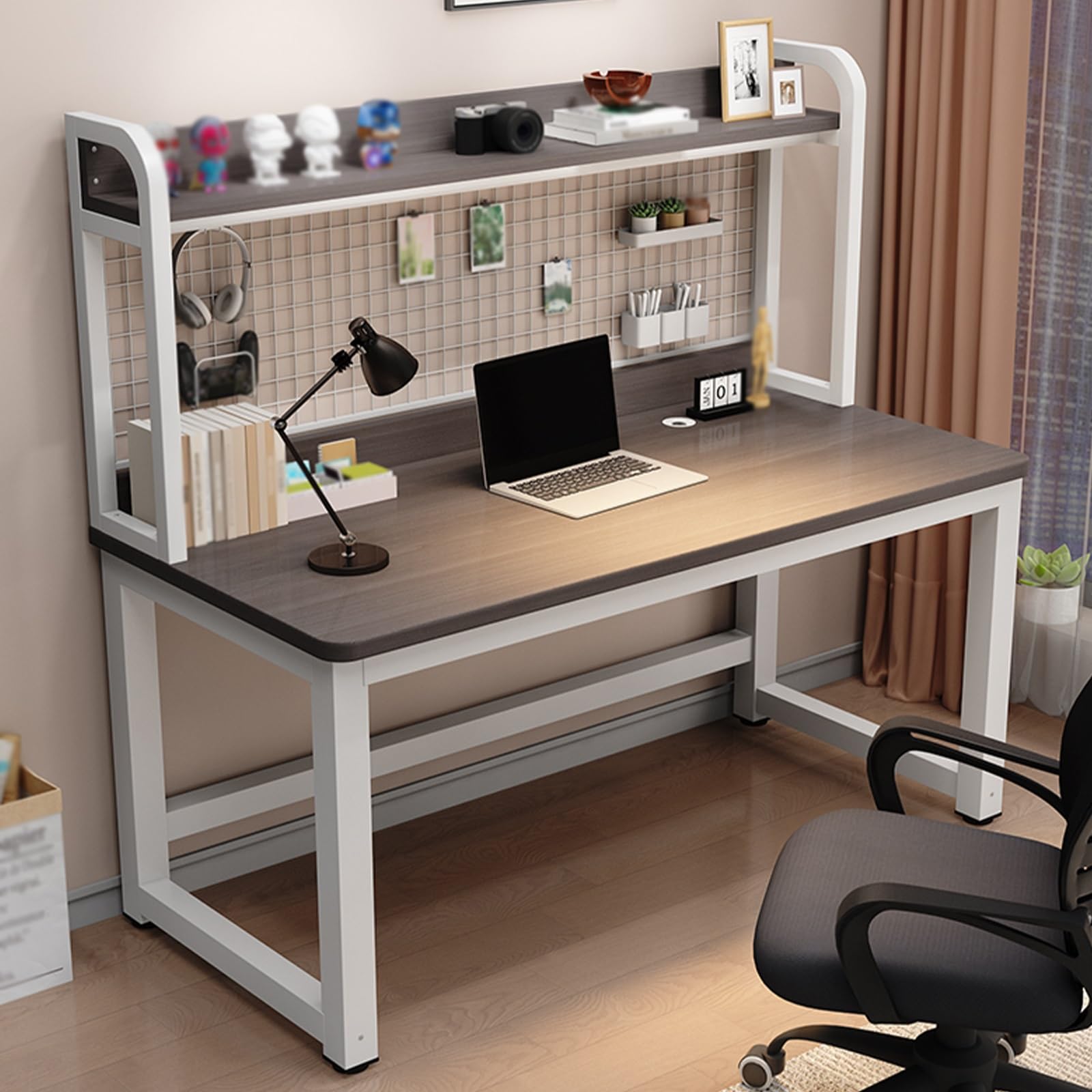 Bureau d'ordinateur robuste gris 100x60cm avec étagères de rangement intégrées