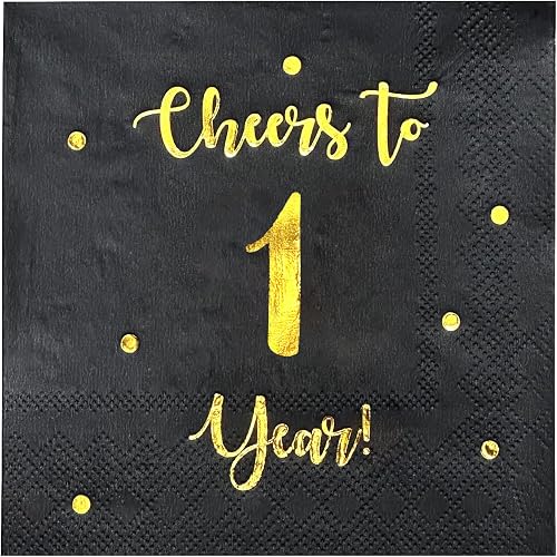 Cheers to 1 Year Cocktail Napkins | Happy 1st Birthday Decorations for Men and Women and Wedding Anniversary Party Decorations | 50-Pack 3-Ply Napkins | 5 x 5 inch folded (Black)