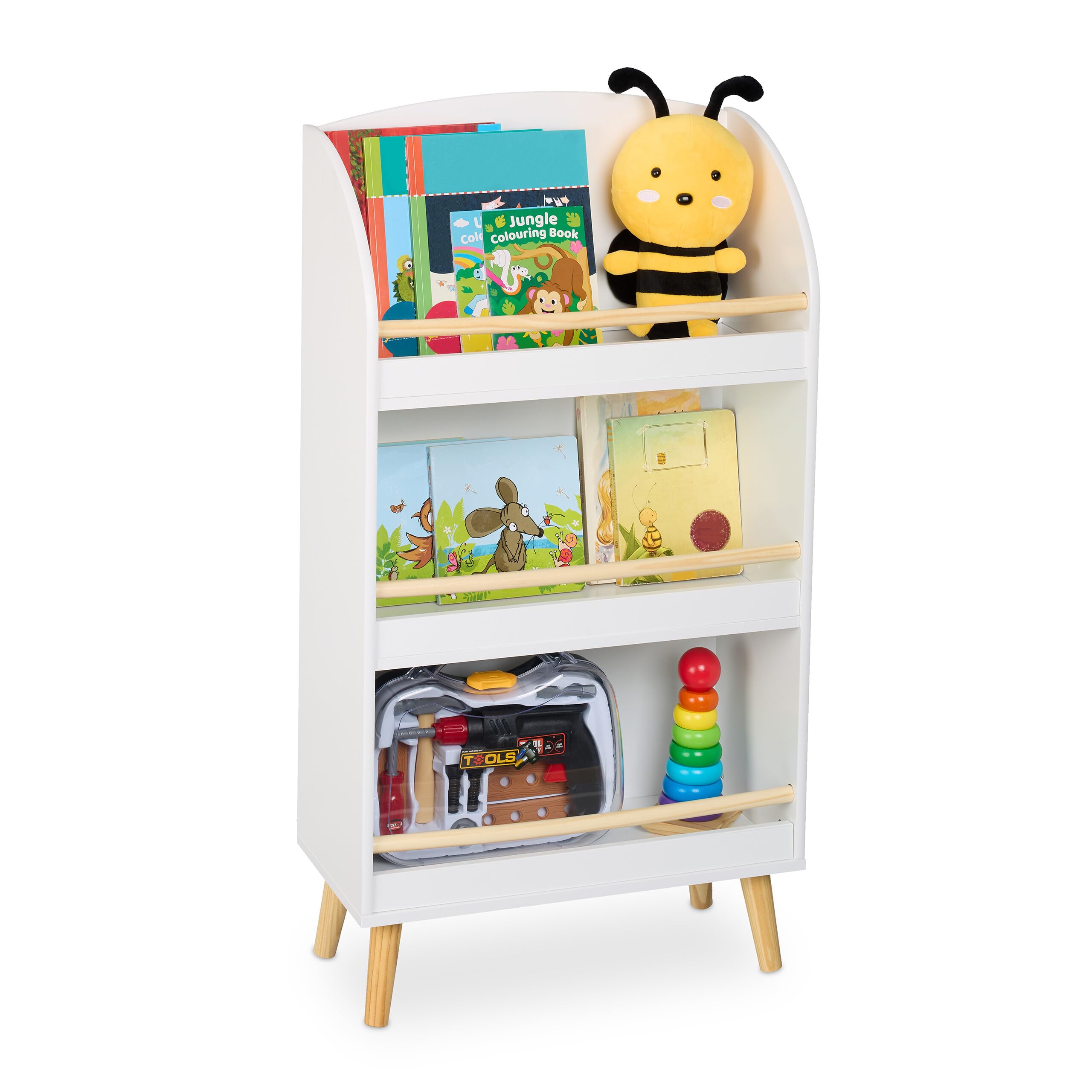 Relaxdays Librería Infantil, 95,5 x 50 x 24 cm, 3 Estantes Abiertos para Libros, Estantería Niños, Blanco y Natural, Tablero de Fibras, Madera