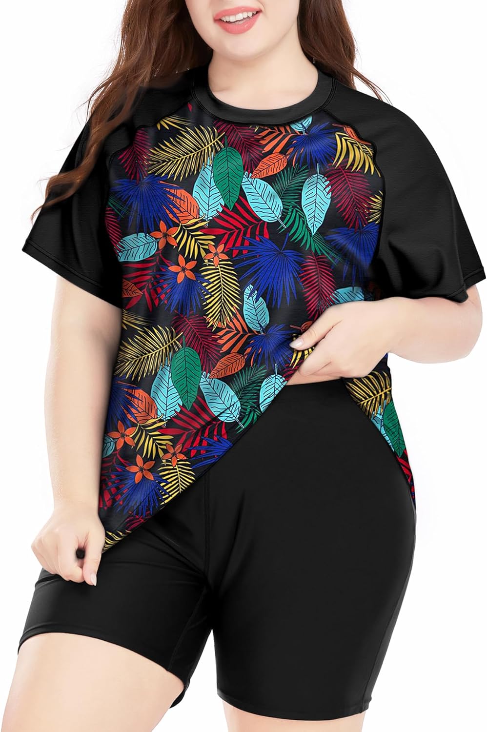 Davena Women's Plus Size 2 Piece Rash Guard Short Sleeve Swimsuit with Boyshorts Swim Shirt UPF 50+