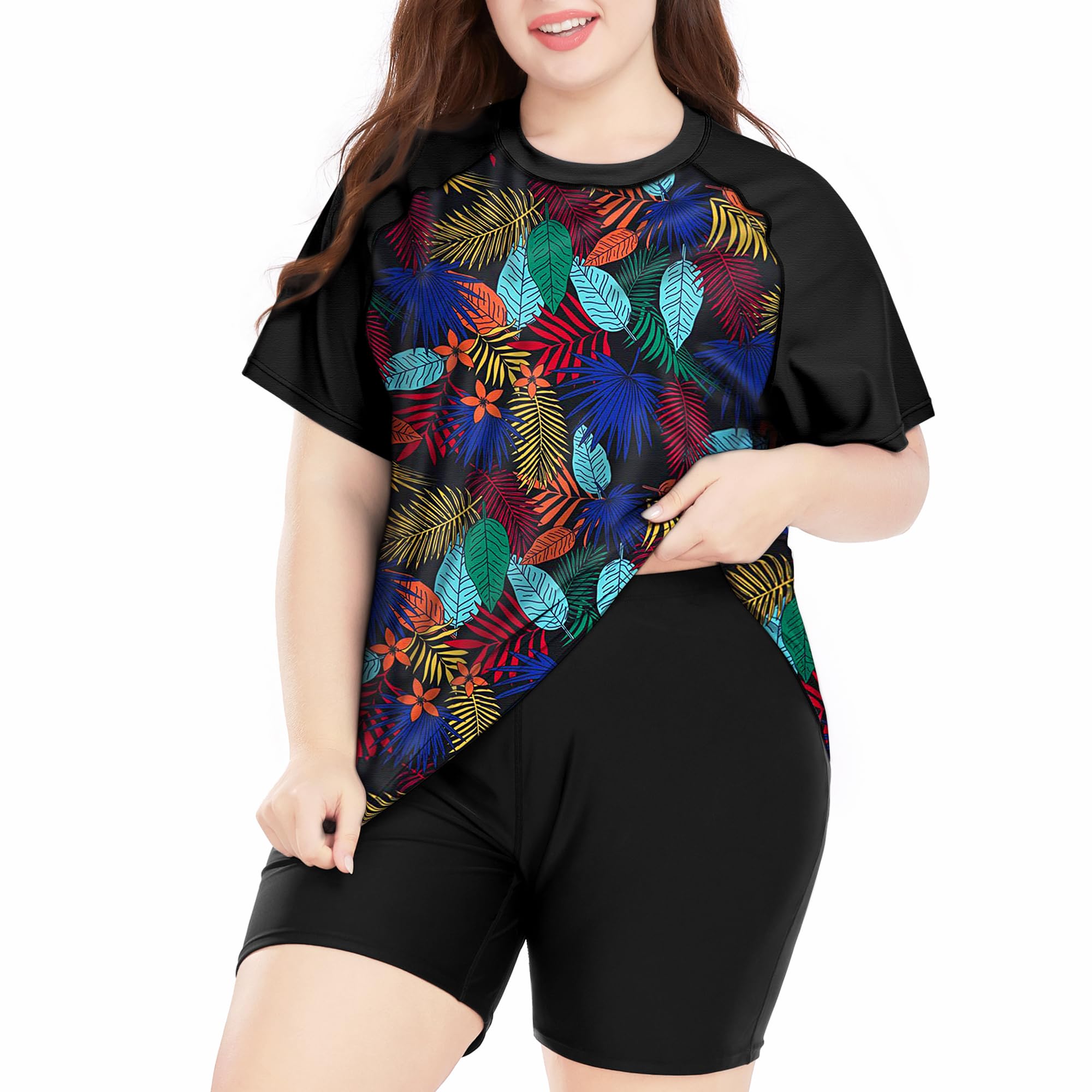 Women's Plus Size 2 Piece Rash Guard Short Sleeve Swimsuit with Boyshorts Swim Shirt UPF 50+