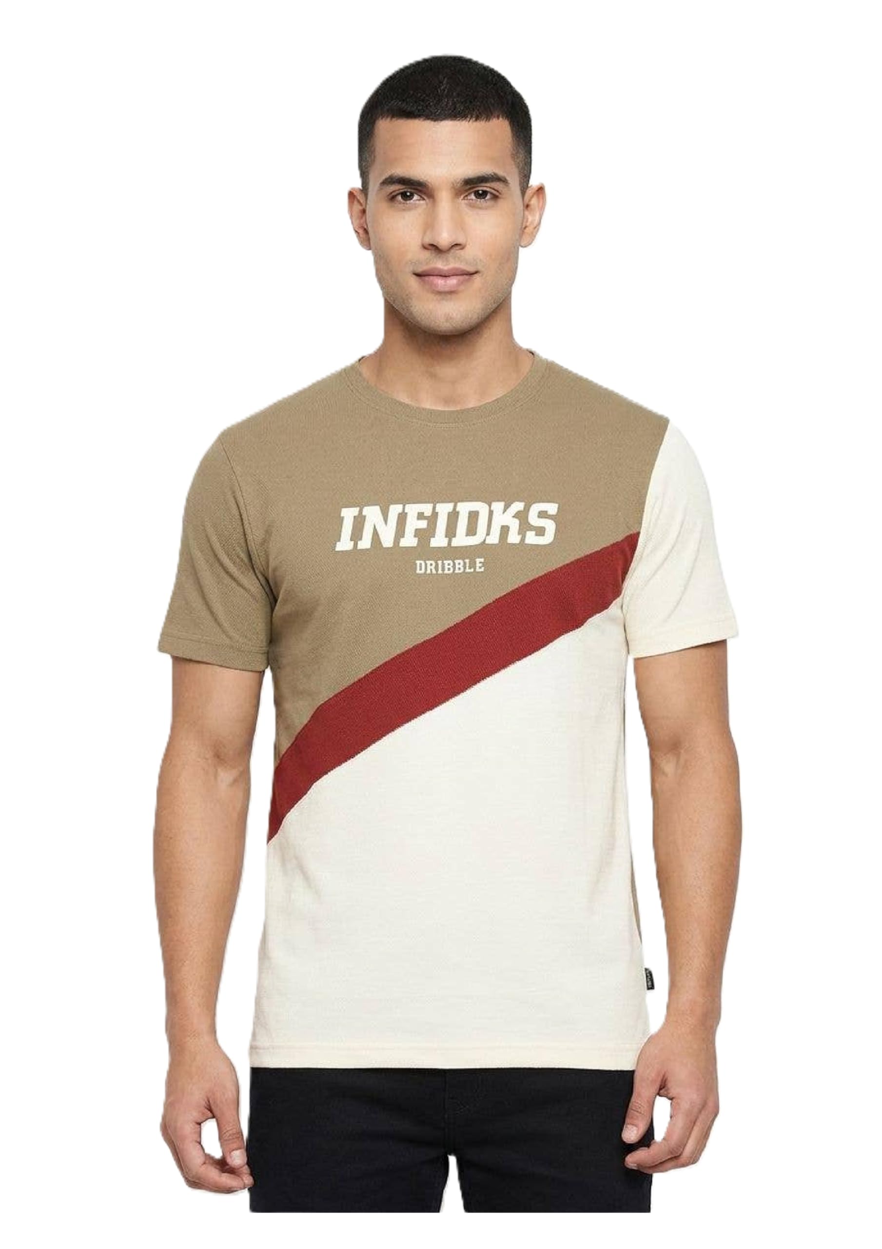 Libas Men's Color Block Printed Cotton T-Shirt | Beige & Off-White Casual Half Sleeve Round Neck Graphic Tee | Regular Fit Stylish Everyday Wear T-Shirt for Men in white