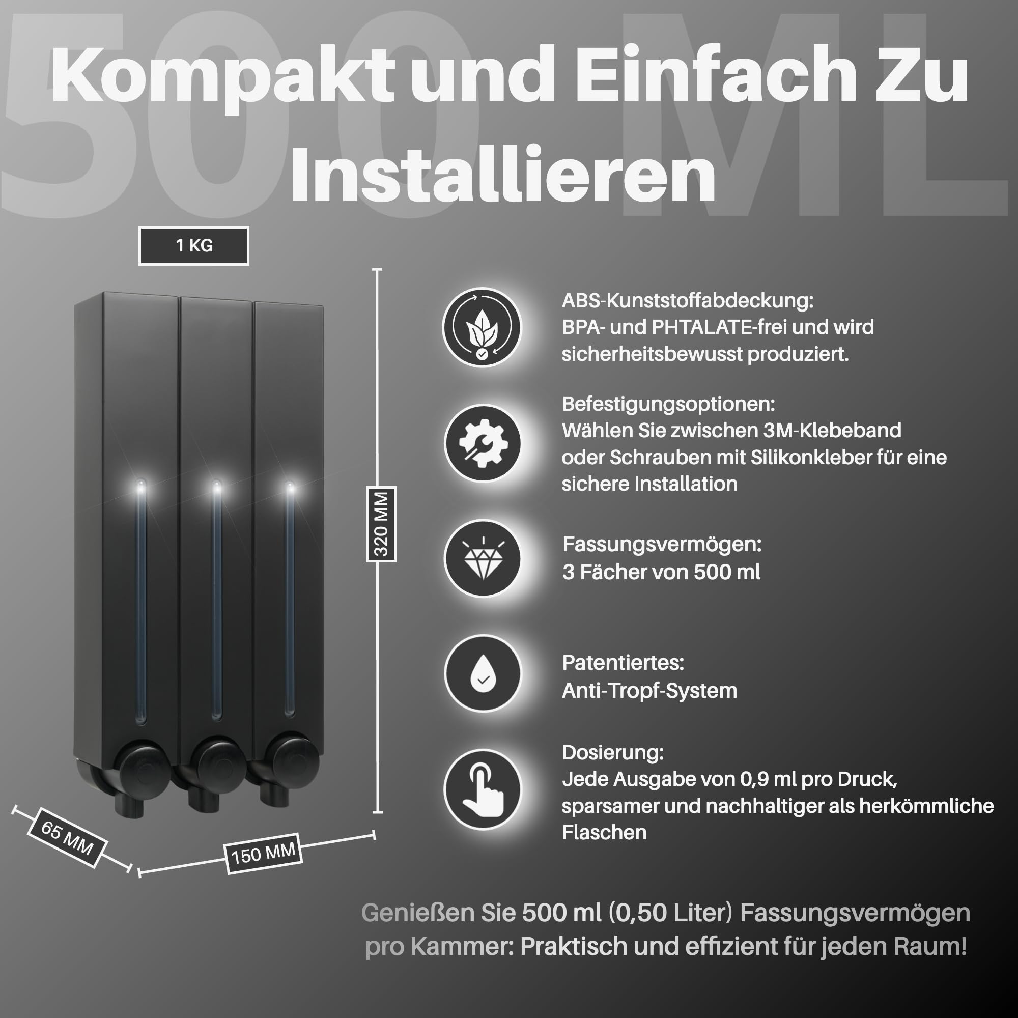 Seifenspender mit 3 Kammern für Wandmontage I für Toilette Bad Badezimmer WC Dusche - Spender für Seife Handseife Shampoo Duschgel - Rechteckig, 3 Kammern, 3X 500 ml, Mattschwarz