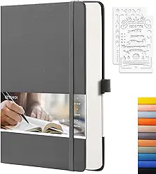 EMSHOI Caderno pontilhado – 256 páginas A5 Dot Grid Journal Bullet Notebook com papel pontilhado grosso de 120 g/m², 16 páginas perfuradas, couro de capa dura, suporte de caneta, bolso interno, 14 cm × 21 cm – cinza escuro