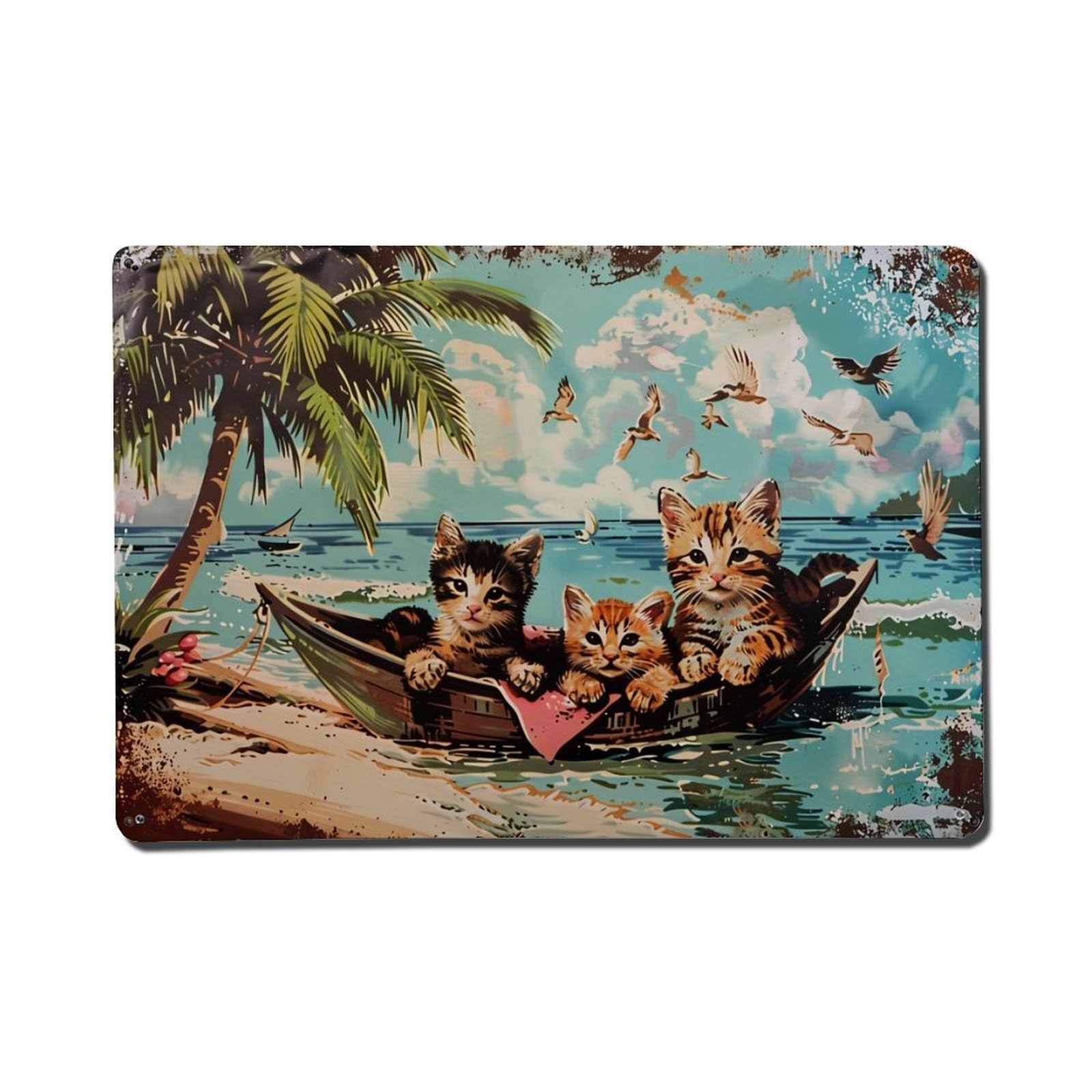 Cats In Boat Tropical Scene Tin Sign Metal Poster Vintage Metal Signs for Home Man Cave Bar Cafe Kitchen laundry room Wall Decorations Gift 8x12Inch