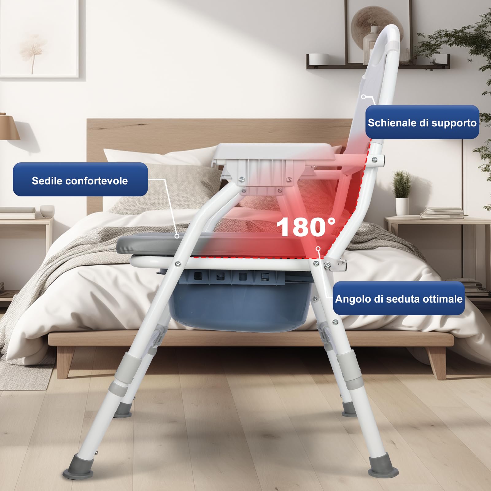 supregear Sedia Da Toilette Pieghevole, Sgabello Da Bagno/doccia con Altezza Regolabile E Secchio Rimovibile, Seduta Imbottita E Meccanismo di Sicurezza, Comodino per Anziani, Disabili, Grigio