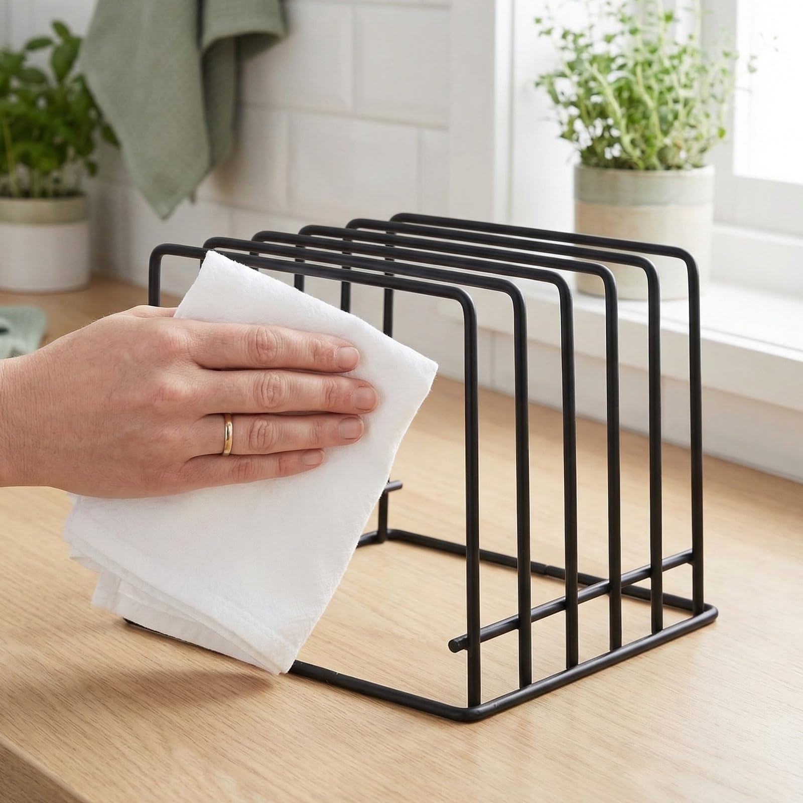 Soporte para Tabla de Cortar de Cocina Negro de Hierro con 5 Ranuras y Diseño Moderno, Organizador Versátil y Fácil de Limpiar para Sartenes y Bandejas en Armarios o Despensas,