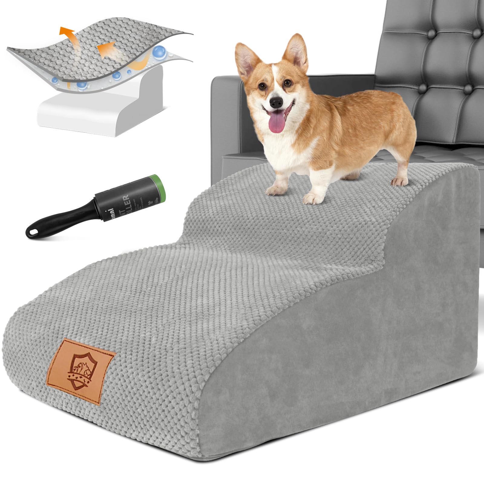 HEVOL Escaleras para Perros Pequeños,2 Peldaños Esponja Antideslizante para Mascotas con Funda Lavable,Rampa Portátil para Perros para Sofá Cama-Envía 1 Rodillo para Pelusas