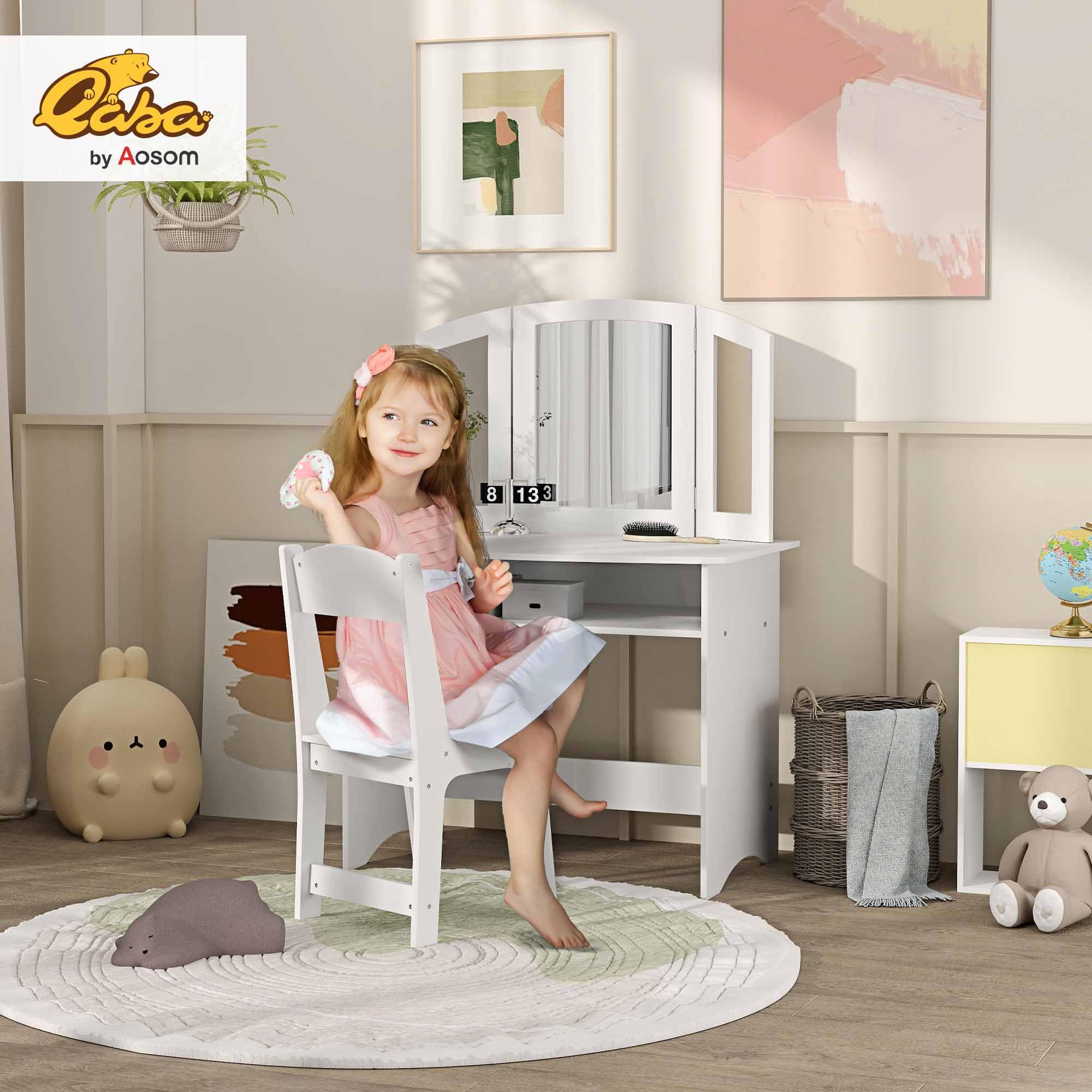 AIYAPLAY Set da Trucco per Bambini 3-6 Anni, Tavolo Toeletta con Specchio Triplo Rimovibile e Sedia in Legno, Bianco