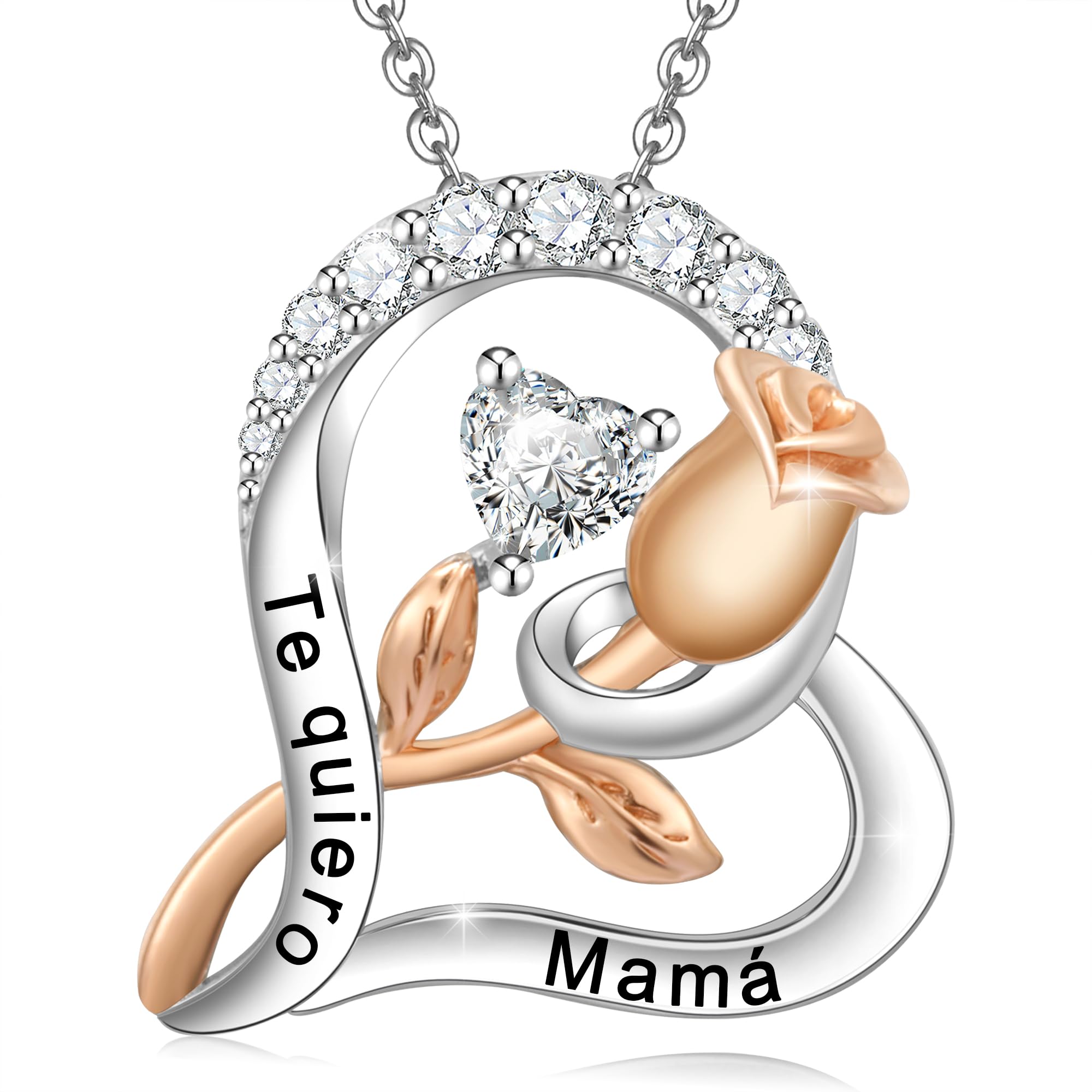 ENGRAWELRY Collar Mujer Grabado Plata de Ley 925 Colgante Corazón y Rosa con Piedra de Nacimiento Cristal Joyería Regalo Original Madre Mamá Abuela Esposa Novia Hija