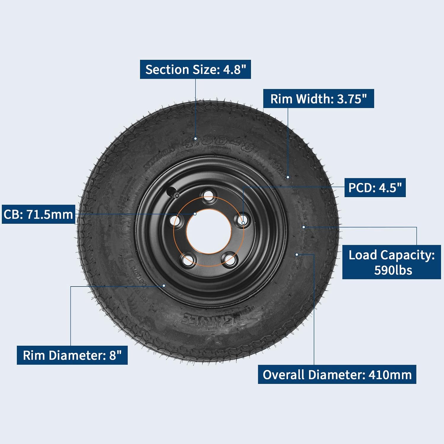 GarveeTech 2-Pack Trailer Tire On Rim 4.80-8 480-8 4.80x8 Trailer Tires and 5 Lug on 4.5 in PCD 8 in Wheels 6PR Black