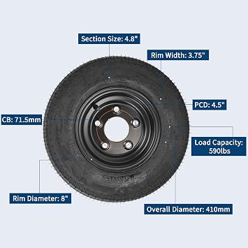 GarveeTech 2-Pack Trailer Tire On Rim 4.80-8 480-8 4.80x8 Trailer Tires and 5 Lug on 4.5 in PCD 8 in Wheels 6PR Black