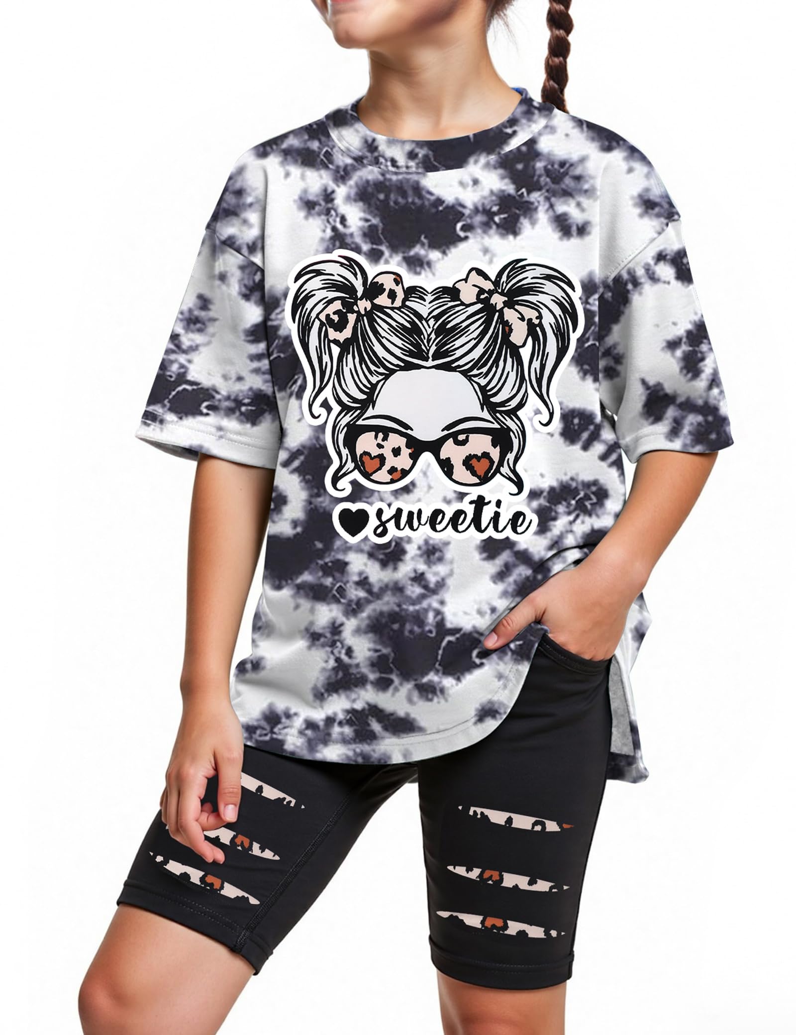 Hevemexy Girls Summer Clothes Short Sleeve Tie Dye Short Sleeve T Shirt Tops + Leggings Sweatpants Girls Clothes Outfis Set