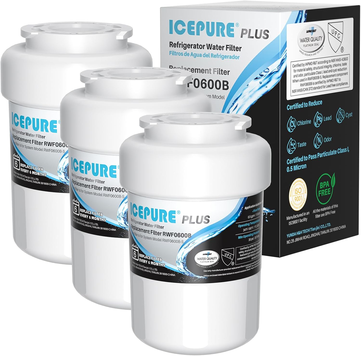 ICEPURE PLUS RWF0600B NSF/ANSI 53 & 42 Certified Refrigerator Water Filter, Remove Lead, Replacement for GE MWF, MWFINT, MWFA, HDX FMG-1, Kenmore 46-9991, GSE25GSHECSS, WFC1201, PC75009, 3PACK