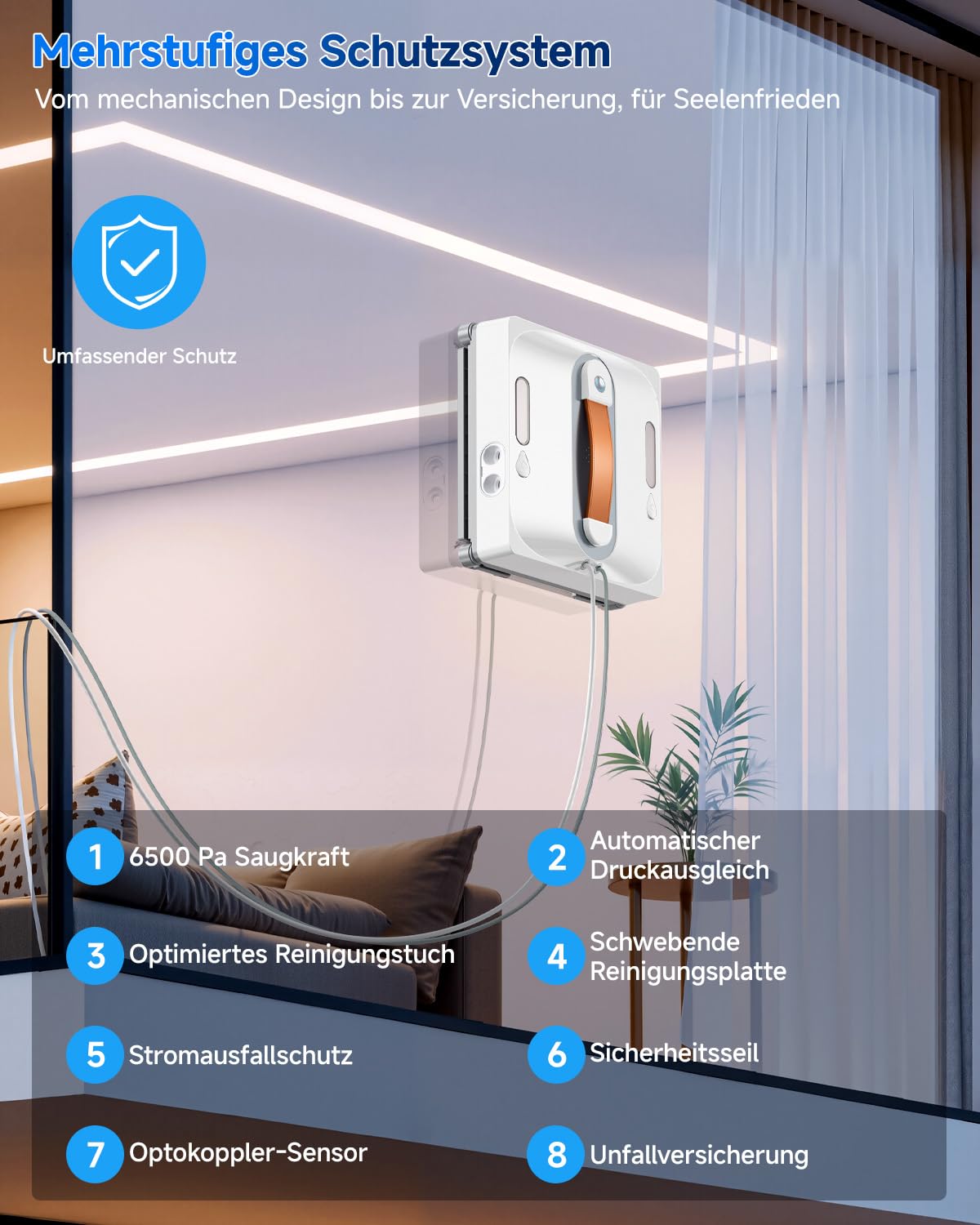 Fensterputzroboter 6500 Pa, Fensterreinigungsroboter mit 2-Fach-Sprühsystem, intelligenter Routenplanung, 80-ml-Wassertank, 8-stufigem Sicherheitssystem und Randerkennung, für Innen- und Außenfenster