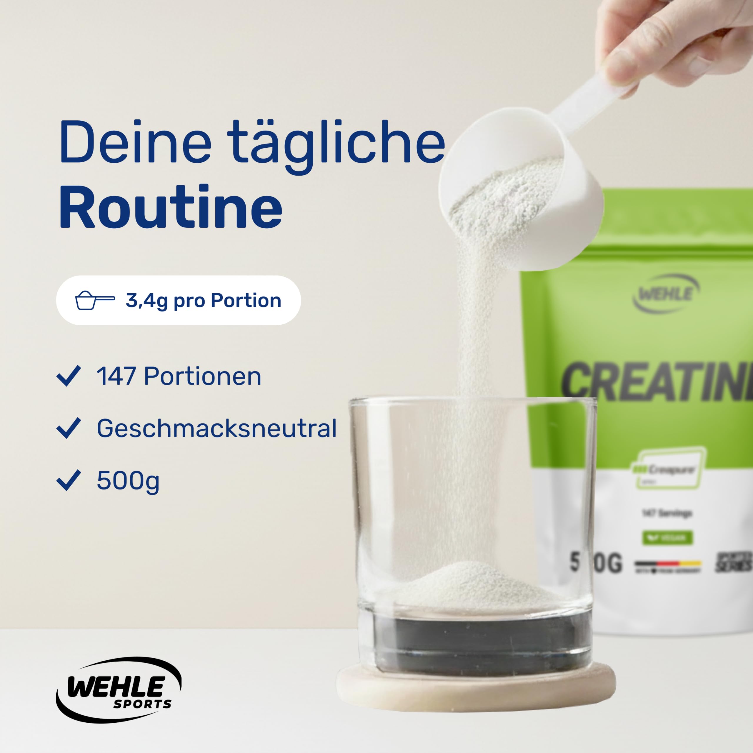 Creapure® Poudre de monohydrate de créatine 500 g - Monohydrate de créatine - Haute dose - Végétalien - Conditionné en Allemagne