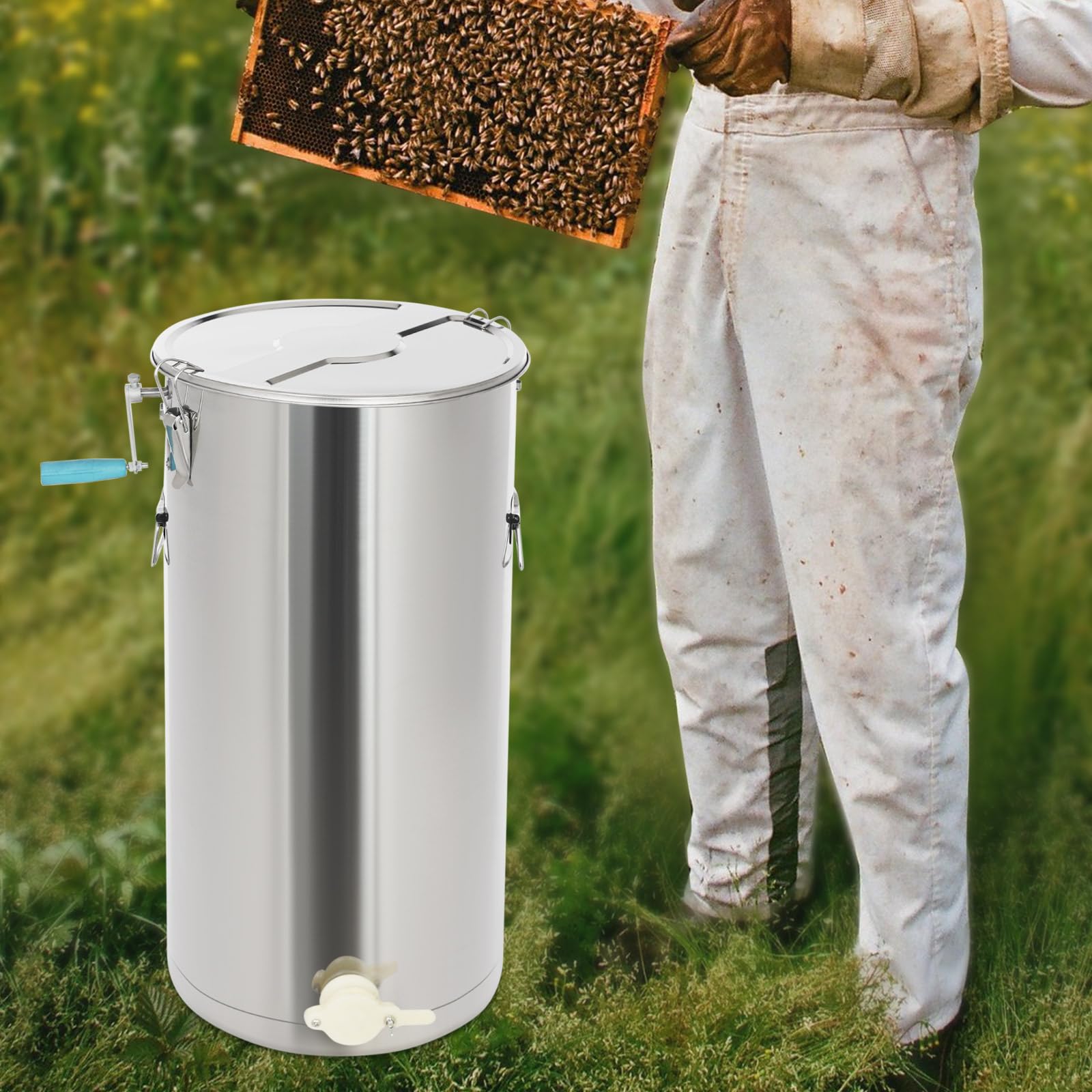 Honigschleuder Manuell, Honigschleuder Edelstahl, Honey Extractor 2 Waben, Honig-Kapazität 22.5kg, Honig Extractor für eine Vielzahl von Bienenarten geeignet
