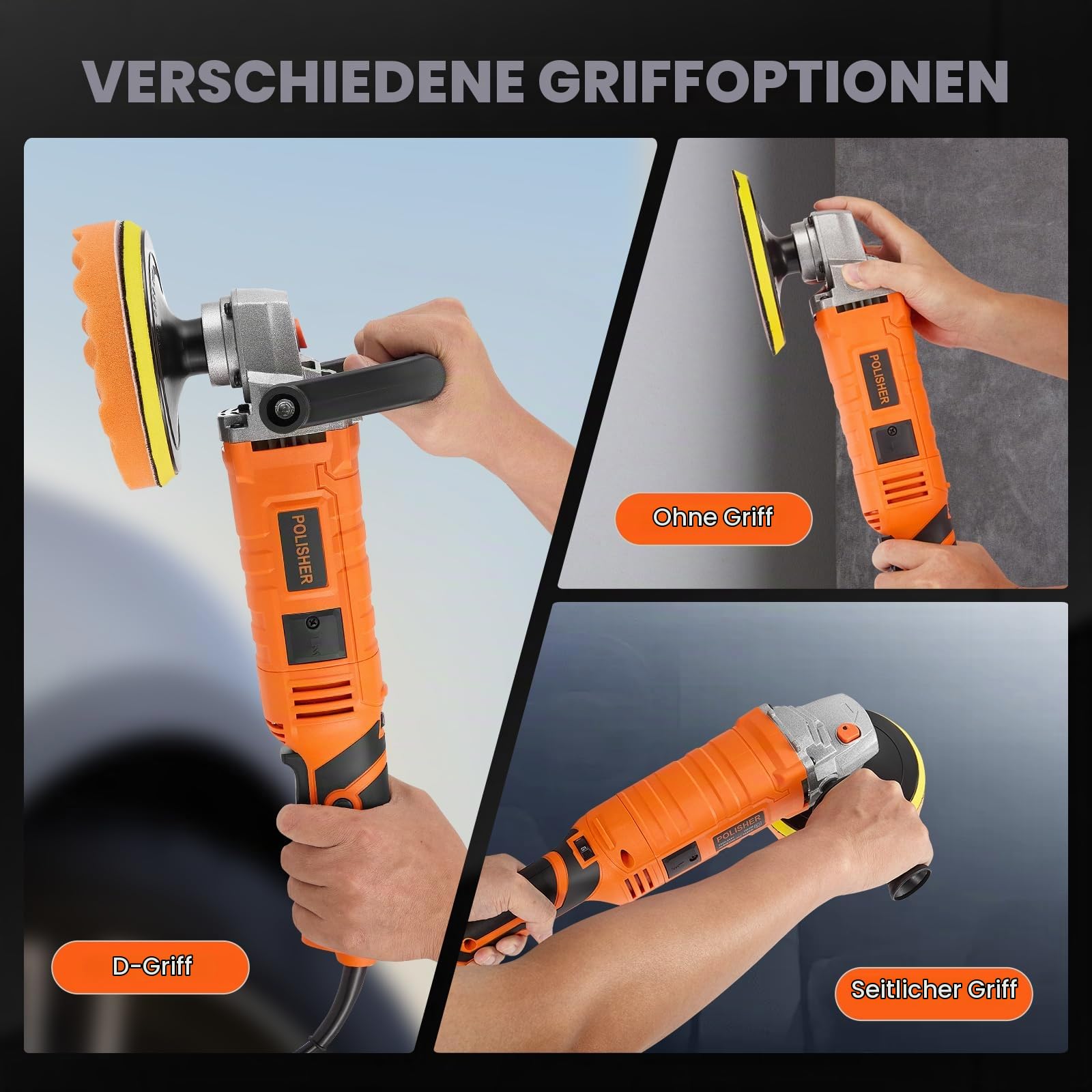 Autopoliermaschine, 1580 W, 7 variable Geschwindigkeiten, 500 – 3300 U/min, abnehmbarer D-Mang/seitlicher Griff, Orbitalpolierer fürs Auto zum Polieren und Wachsen