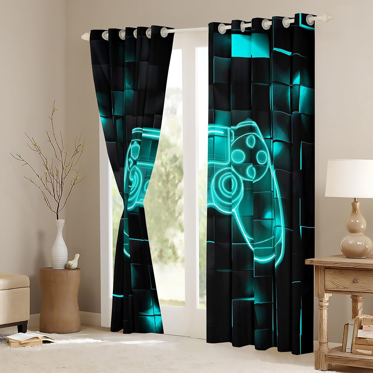 Homewish Gaming Blackout Curtains For Boys Bedroom 46x54 Geometric Gamer Curtains & Drapes For Girls Kids Teal Black Neon Gamepad Window Curtains Video Game Window Treatments 2 Panels - Image 4