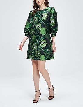 Kedera Women's Jacquard Dress Long Puff Sleeves Shift Mini