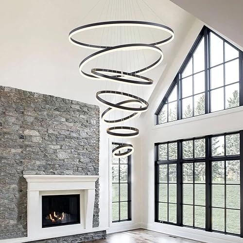 Miniatura 3 de Candelabro de 7 anillos, lámpara LED negra de 39.37 pulgadas, 7 anillos, lámpara moderna de techo alto más grande para vestíbulo, lámpara LED