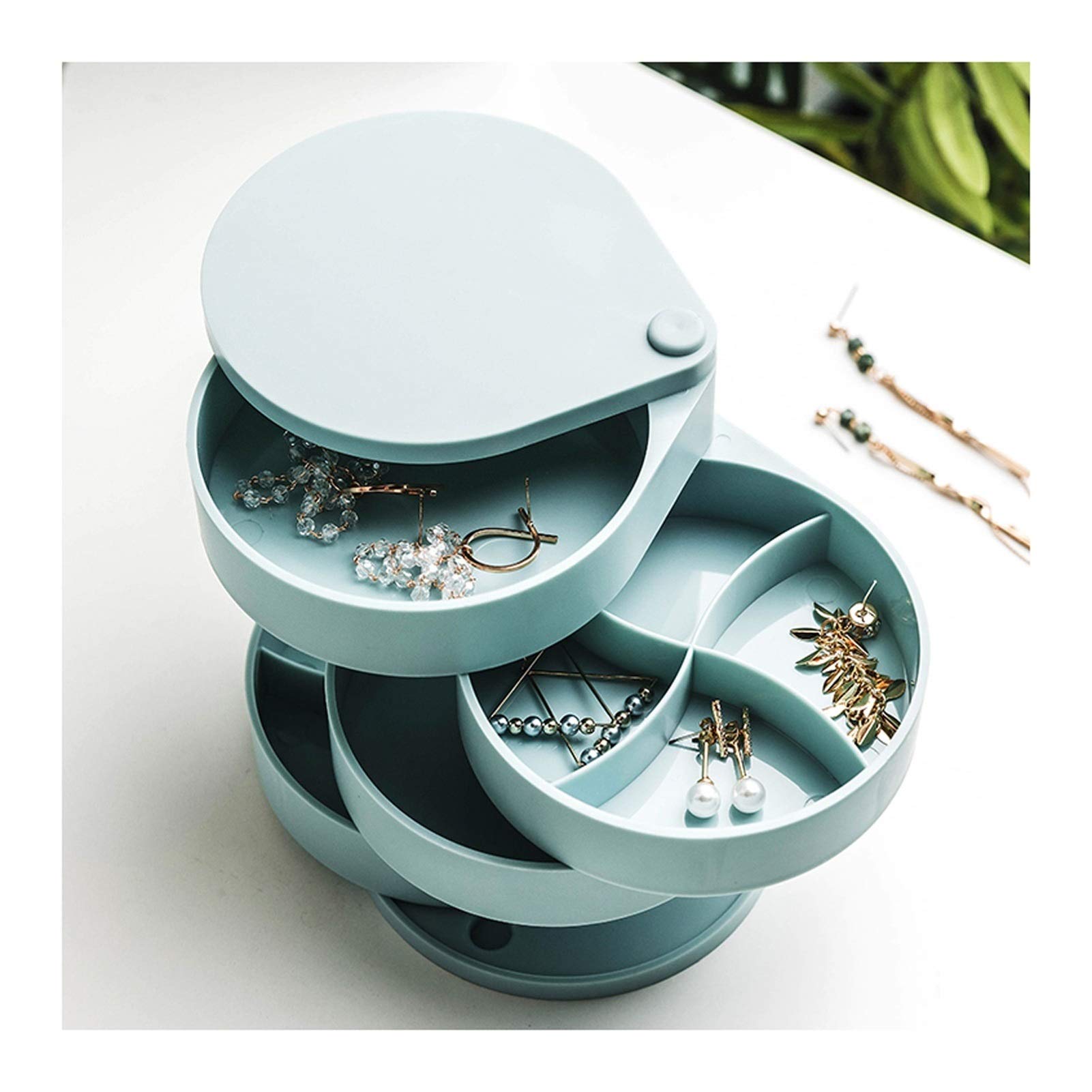 HDBCYUAZ Small Jewelry Storage Box for Women, 4-Layer Rotating Travel Tray Case with Lid Earring Holder for Bracelets Rings Organizer(Green)