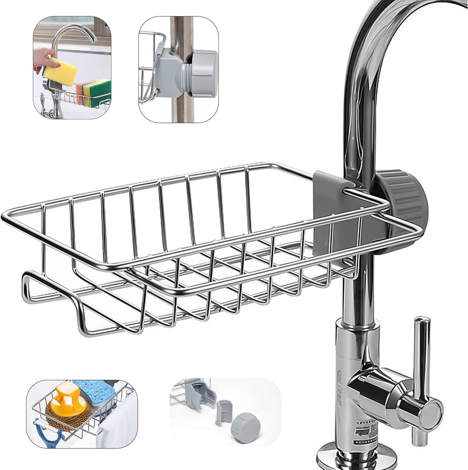 Kyrotech Mutfak Organizeri Tek Kat Demir Raf, Musluğa Klipsli Paslanmaz Çelik Evye Düzenleyici, Delmesiz Kurulum, Açık Drenajlı Süngerlik, Askılı Lavabo İçi Raf, Paslanmaz ve Dayanıklı Evye Organizeri