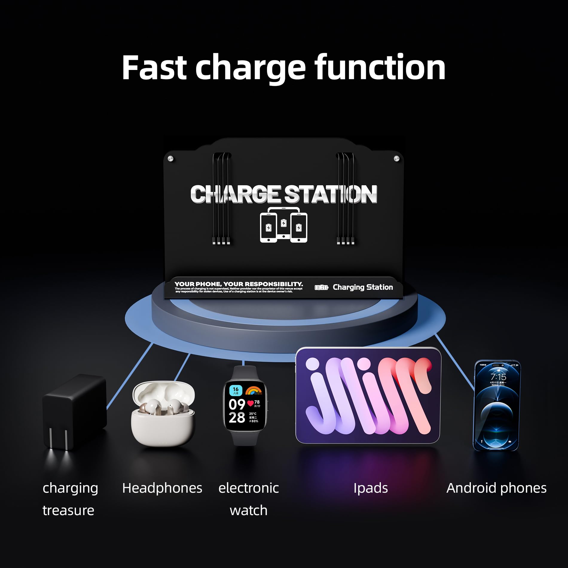 Estación de carga de 8 puertos montada en la pared con cables Fast Charigng - Base de carga multidispositivo para oficina, hotel y espacios públicos | Compatible con iPhone, iPad, smartphone, tabletas
