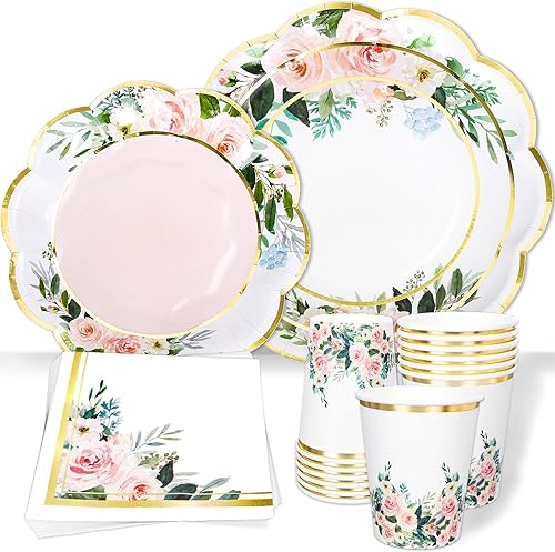Whaline 100 platos de papel floral, tazas y servilletas, decoraciones de fiesta, platos de papel desechables de lámina dorada en forma de flor,