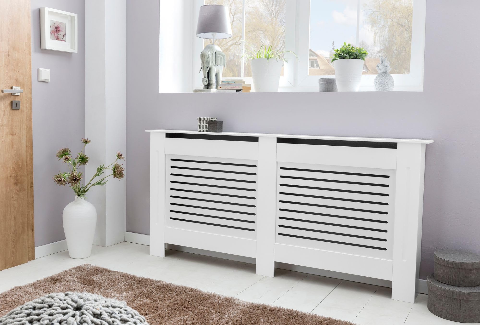 FineBuy Heizkörperverkleidung 112 cm Weiß Matt mit Lamellen | Heizungsverkleidung aus Holz, wärmedurchlässige Heizungsabdeckung, zusätzliche Ablagefläche, lackiert