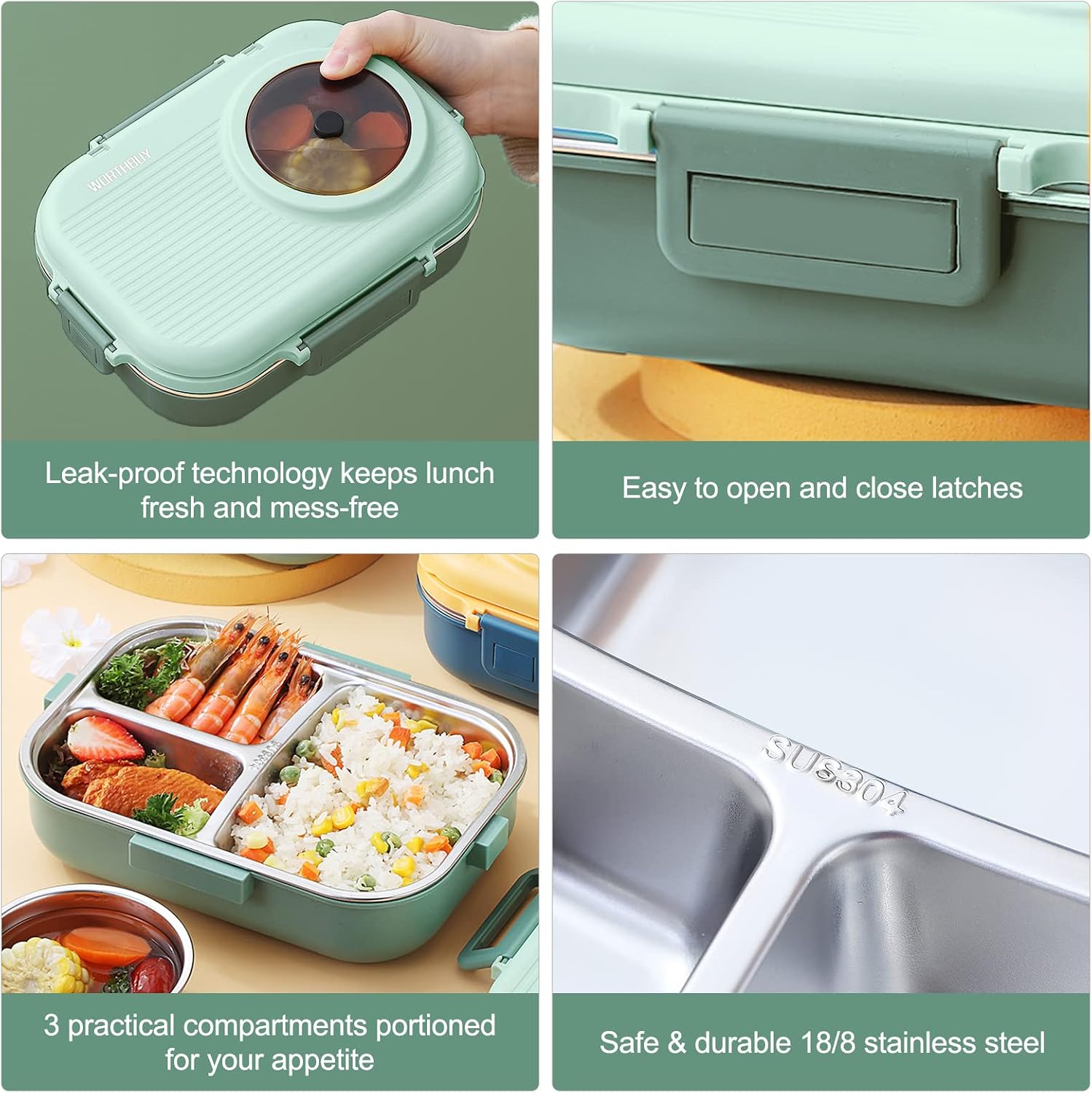 YBOBK HOME Cute Camera-Shape Portable Bento Box For Kids To School, 3 Compartments Divided Lunch Container Thermal Lunch Box For Food, Stainless Steel Insulated Food Container With Bag (Green 37oz)