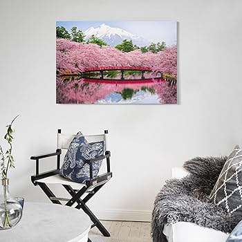 Amazon.co.jp: 絵画 湖に映る桜と赤い橋インテリア 絵画 美しい