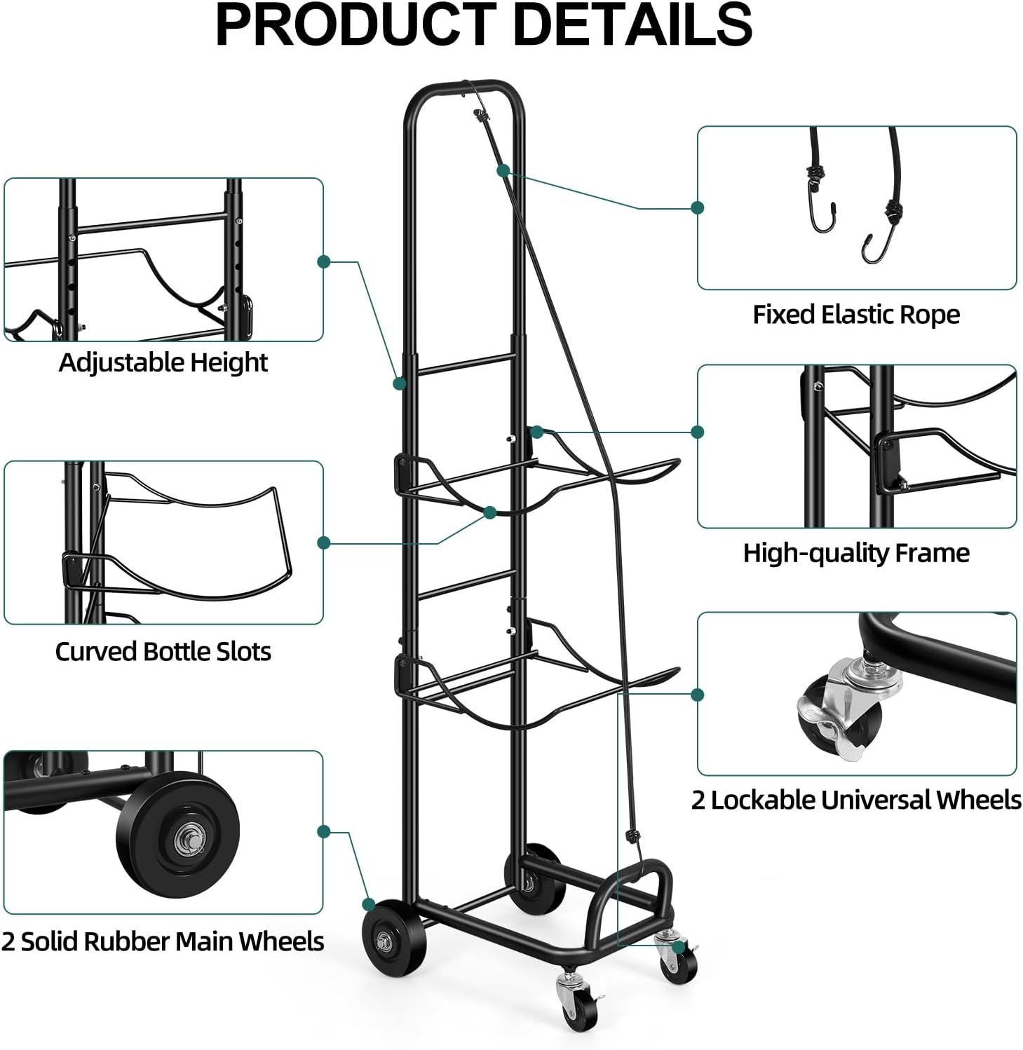 HEOMU 5 Gallon Water Jug Holder with Wheels, Heavy Duty 3-Tier Water Bottle Organizer with Elastic Rope, Adjustable Height Water Jug Storage Cart for Living Room Home Office Garage, Black