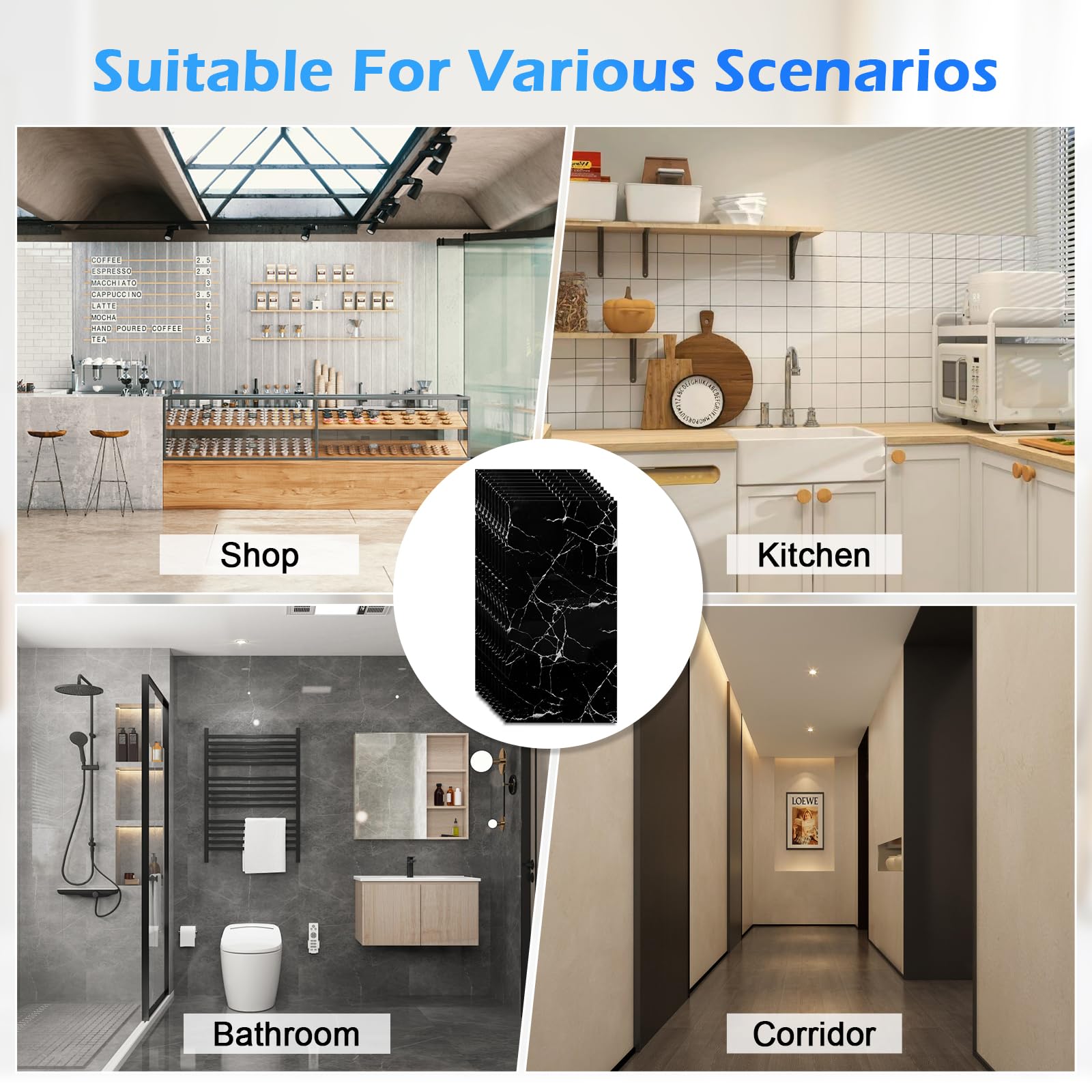 Azulejos de cocina autoadhesivos, 10 unidades, 60 x 30 cm, revestimiento de pared, autoadhesivo, PVC, diseño de mármol negro
