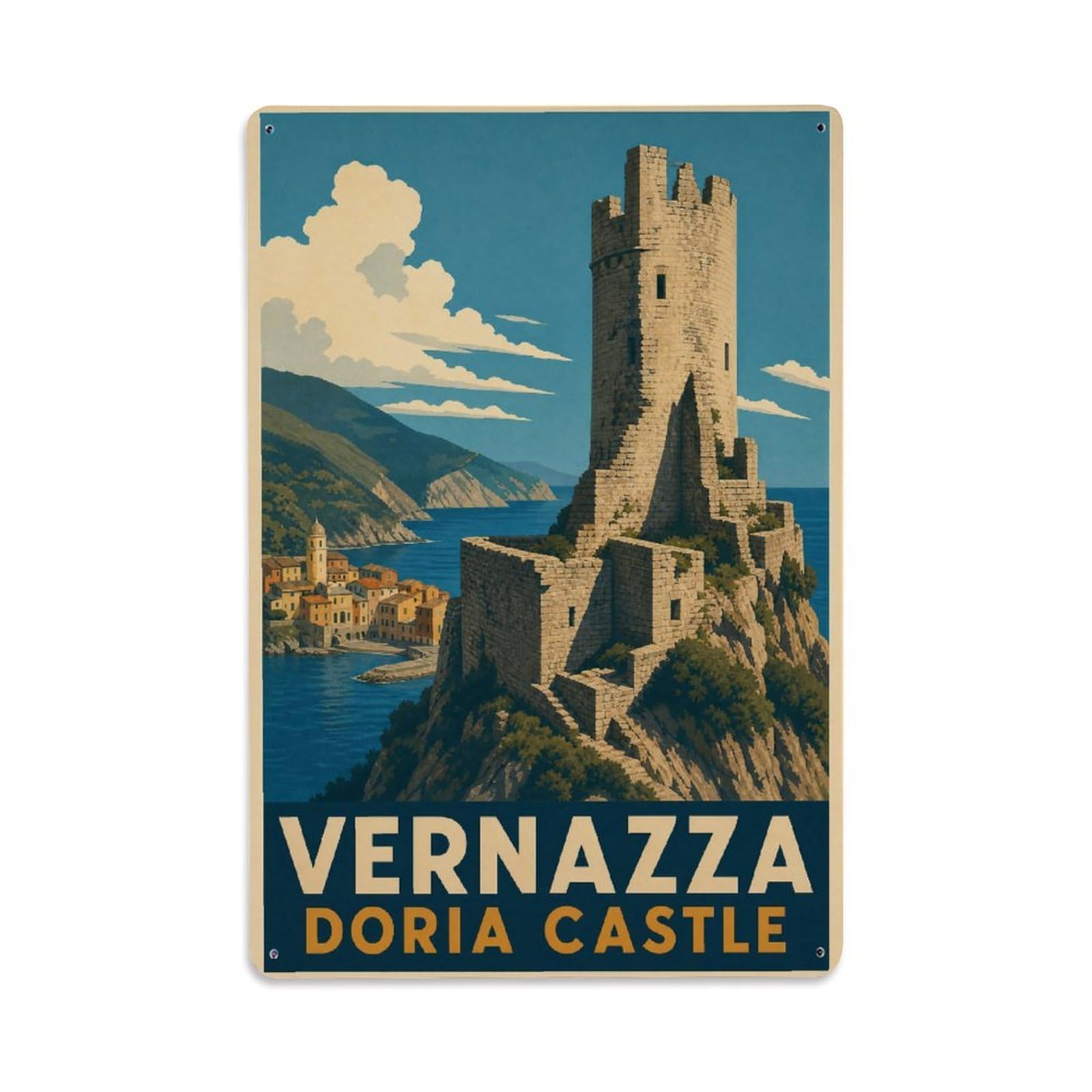 Huiyhb 8X12inch(20X30cm) Vintage Travel Vernazza Doria Castle Tower Ruins Italy Metal Tin Sign