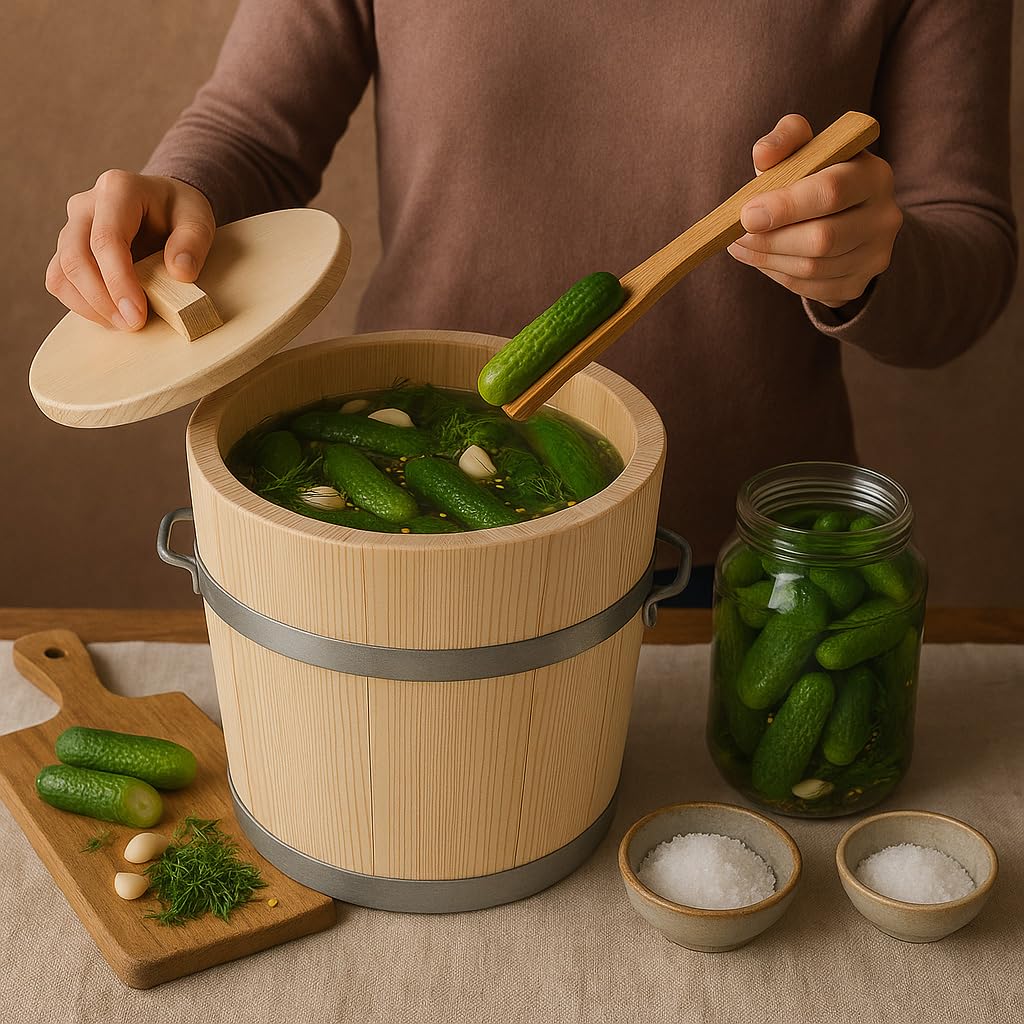 Gäreimer mit Deckel – naturbelassenes Gärfass mit Metallumreifung und Haltegriffen – Sauerkrautfass aus Holz für Fermentation von Gemüse, Kimchi, Gurken – Holz Gärtopf aus Weißtanne (15 Liter)