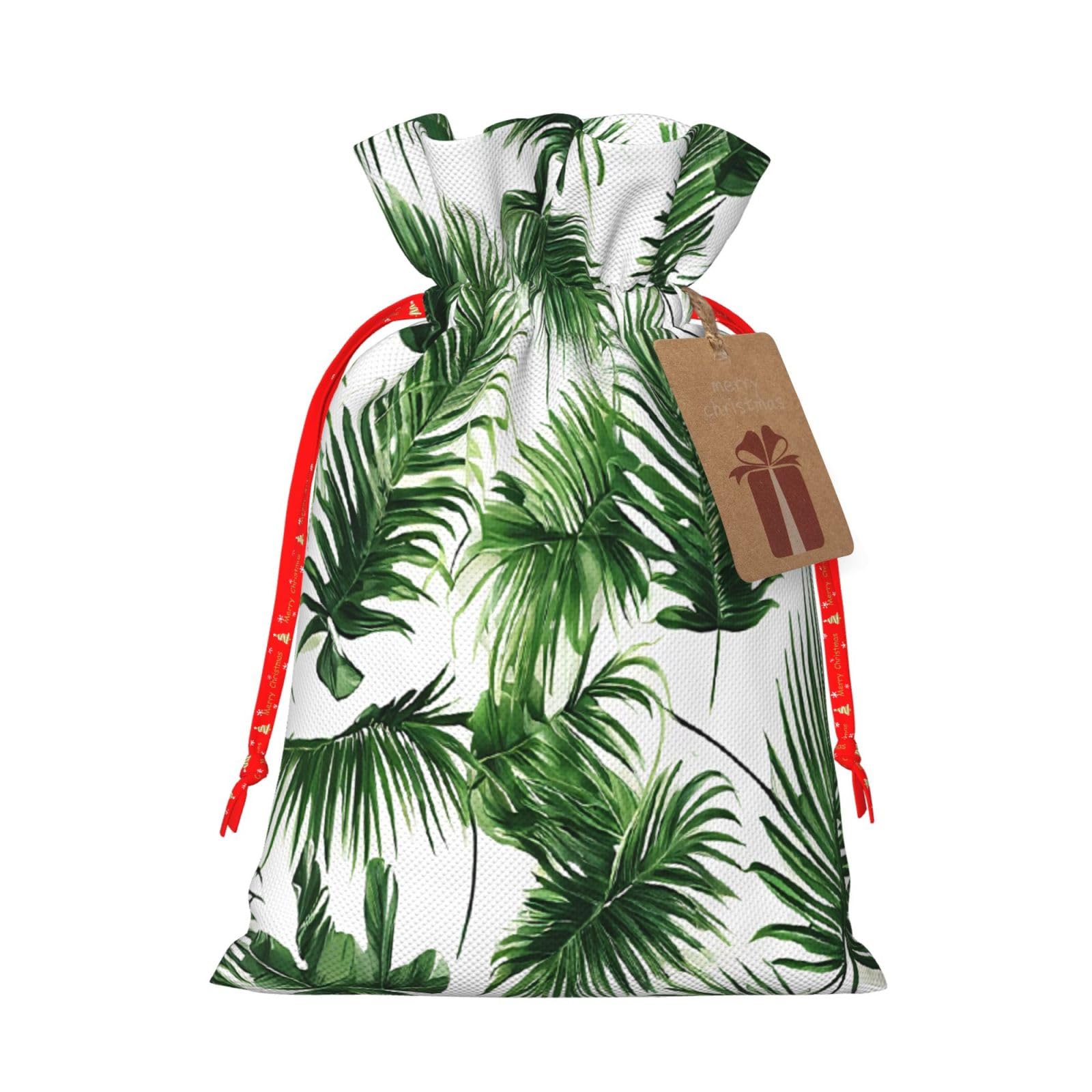 Palm Tree Green Leaves -Print Burlap Drawstring Bags - Eco-Friendly Reusable Pouches For Wedding Favors, Christmas & Birthday Presents.