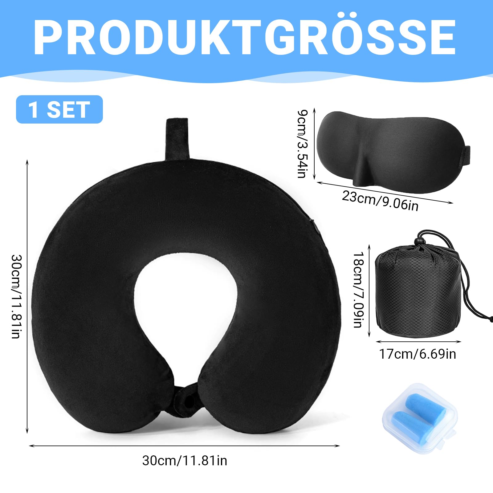 Poduszka pod kark do samolotu, poduszka podróżna z pianką Memory Foam, poduszka 30 cm pod kark na podróż z maską do spania, zatyczkami do uszu i torbą na podróż, do samolotu, biura, samochodu