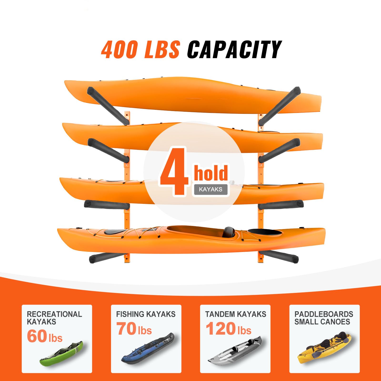Happybuy Wall Kayak Storage Rack - 4-Capacity Mounted Holder with Adjustable Padded arms, 400 LBS Load Capacity, for Indoor and Outdoor Garage.