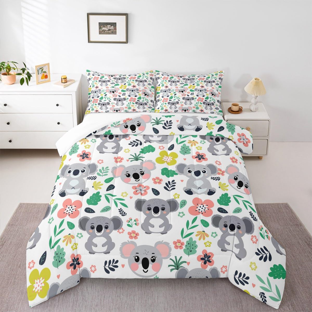 Feelyou Cute Koala Bear Comforter Set Full Size, Cartoon Koala Comforter Botanical Leaves and Flowers Comforter Set for Kids Kawaii Animals Duvet Set Microfiber Quilt Set